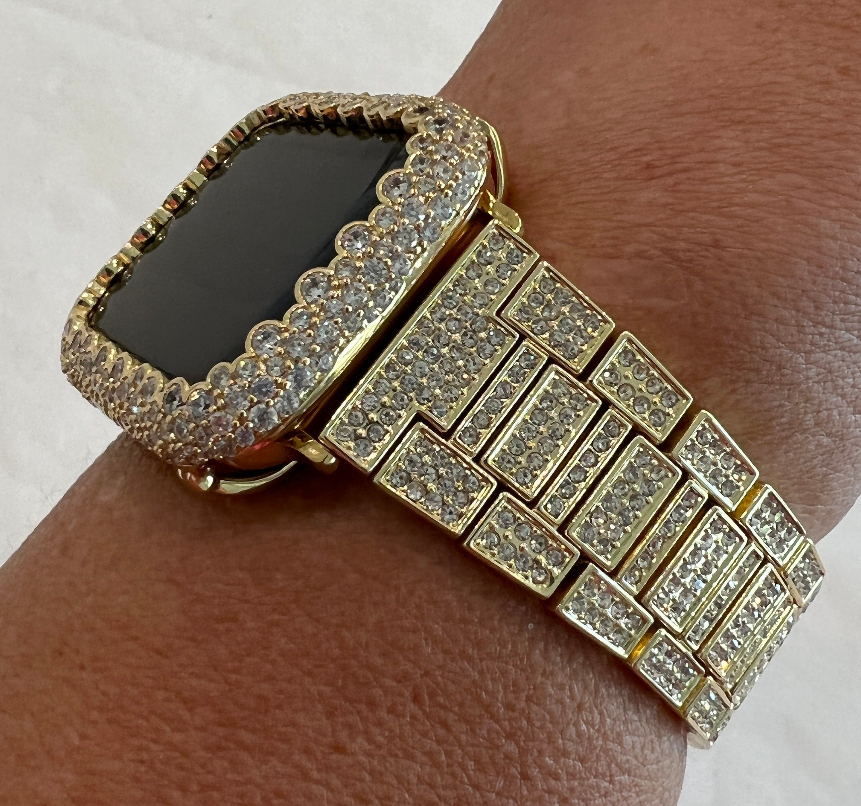 Apple Watch Band Gold Pave Crystal & or Apple Watch Case Lab Diamond Smartwatch Apple Watch Cover Bling 38mm-49mm Ultra Series 2-9