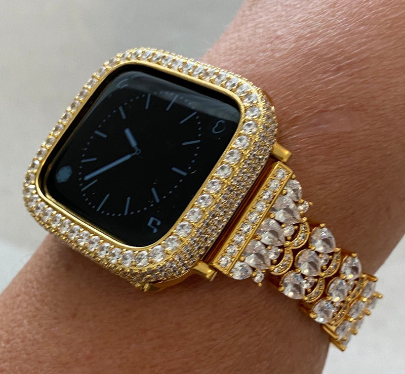 Gold Apple Watch Band Swarovski Crystals Series 1-8 & or Lab Diamond Bezel Bumper Cover Smartwatch Bumper Bling 38mm-45mm