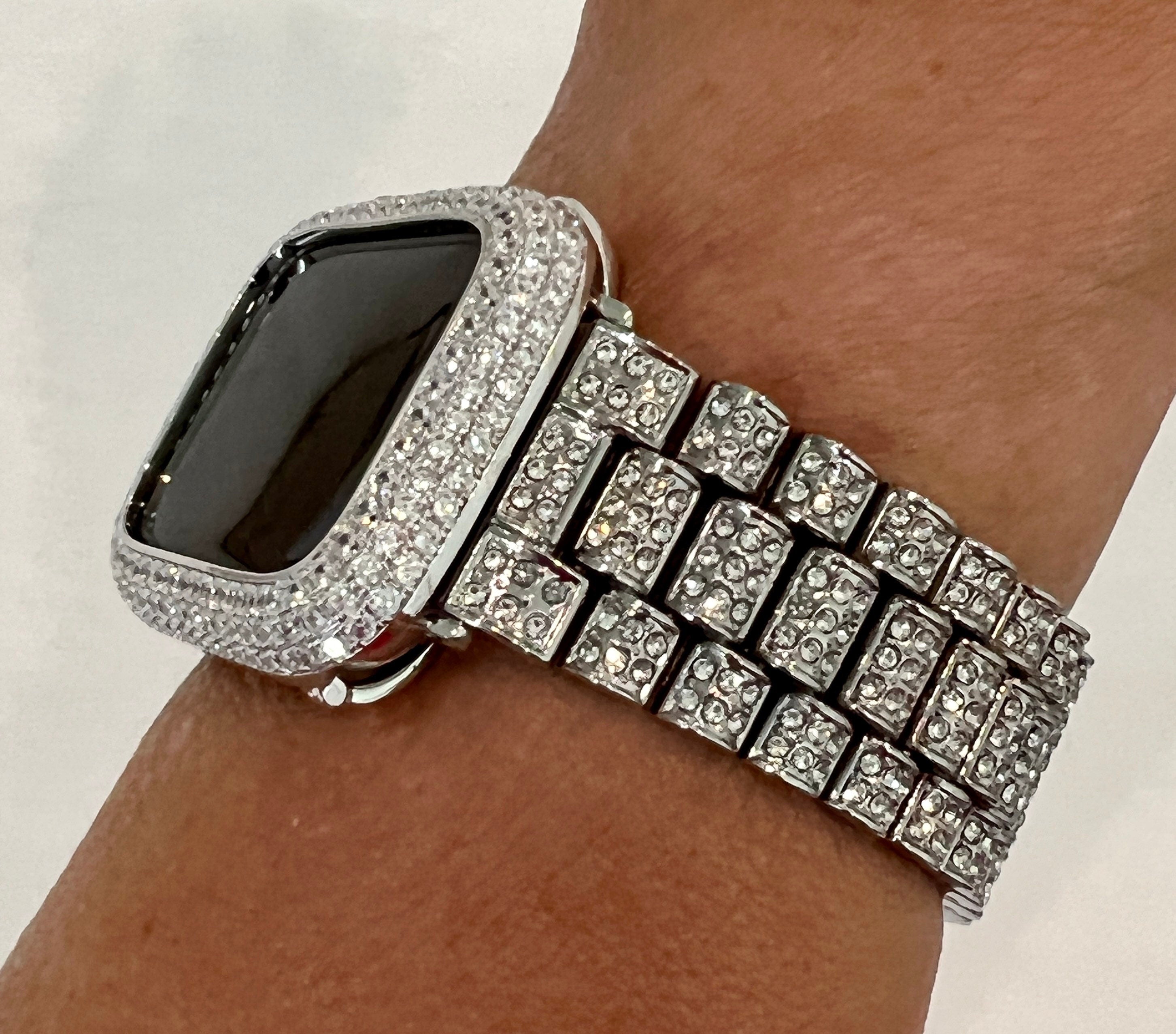 Designer Pave Apple Watch Band Silver Swarovski Crystal & or Apple Watch Cover Lab Diamond Bezel Apple Watch Case 38-49mm Iwatch Candy Bling