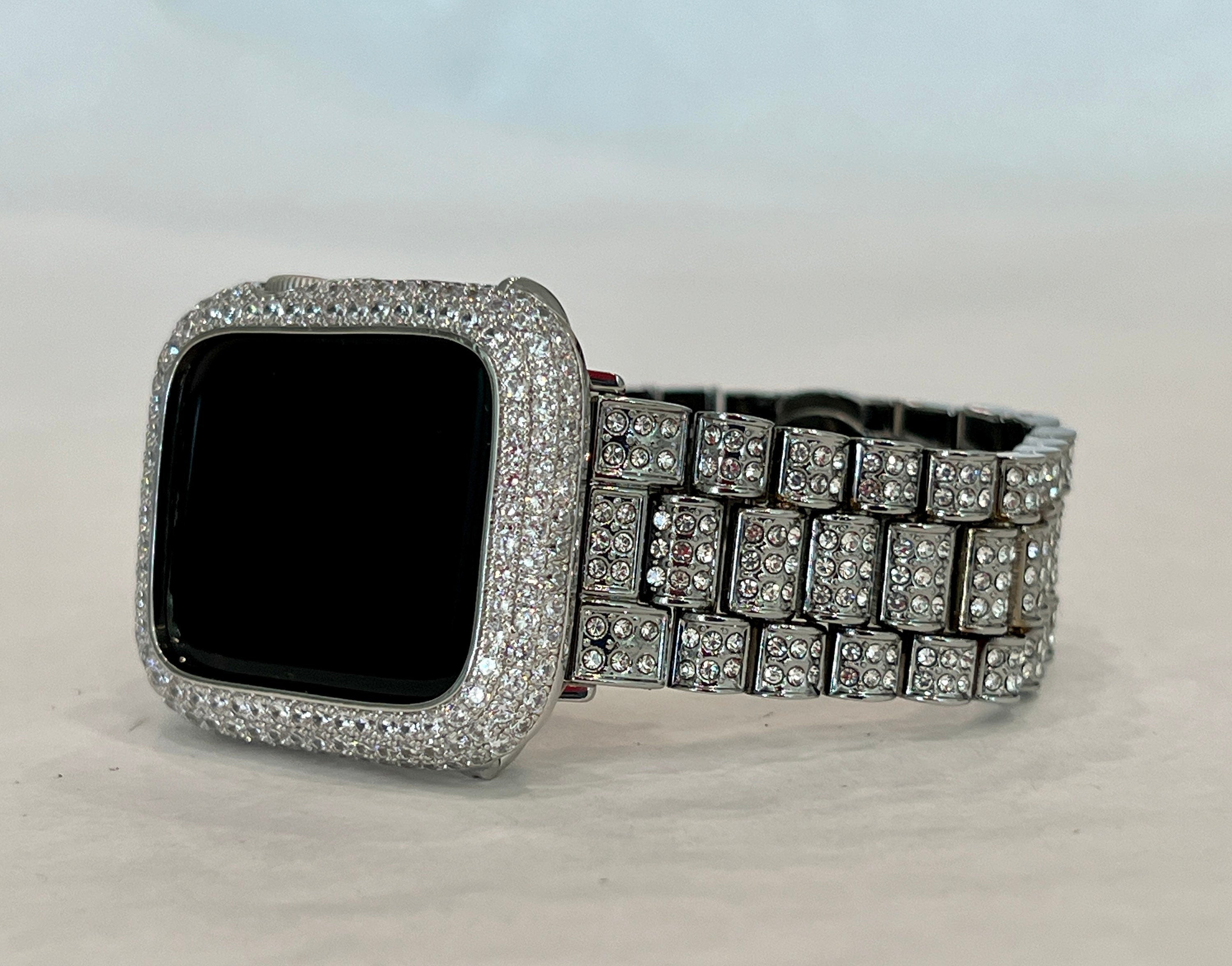 Designer Pave Apple Watch Band Silver Swarovski Crystal & or Apple Watch Cover Lab Diamond Bezel Apple Watch Case 38-49mm Iwatch Candy Bling