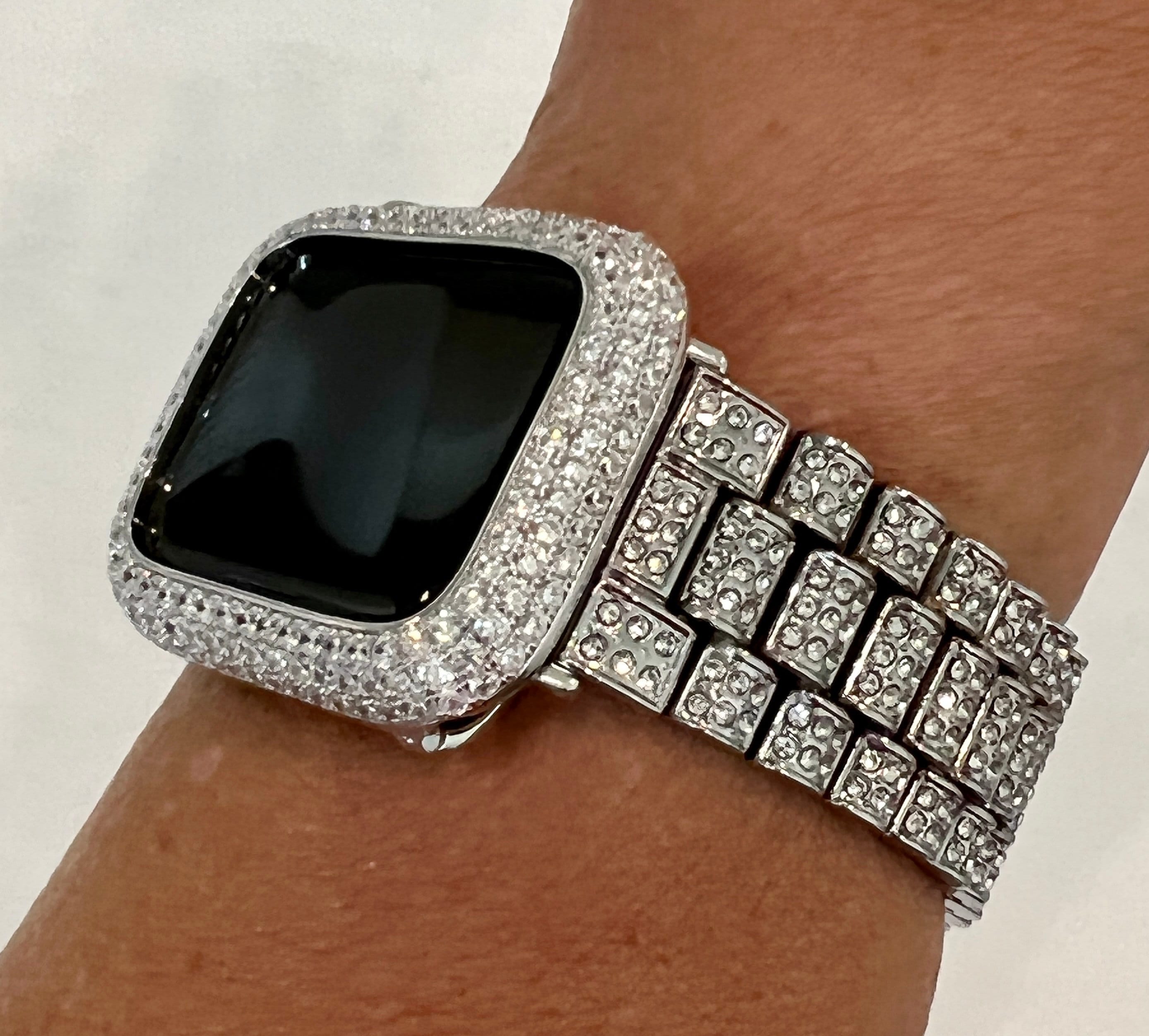 Designer Pave Apple Watch Band Silver Swarovski Crystal & or Apple Watch Cover Lab Diamond Bezel Apple Watch Case 38-49mm Iwatch Candy Bling