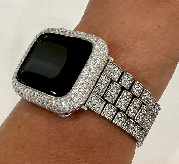Designer Pave Apple Watch Band Silver Crystal & or Apple Watch Cover Lab Diamond Bezel Apple Watch Case 38-49mm Iwatch Candy Bling