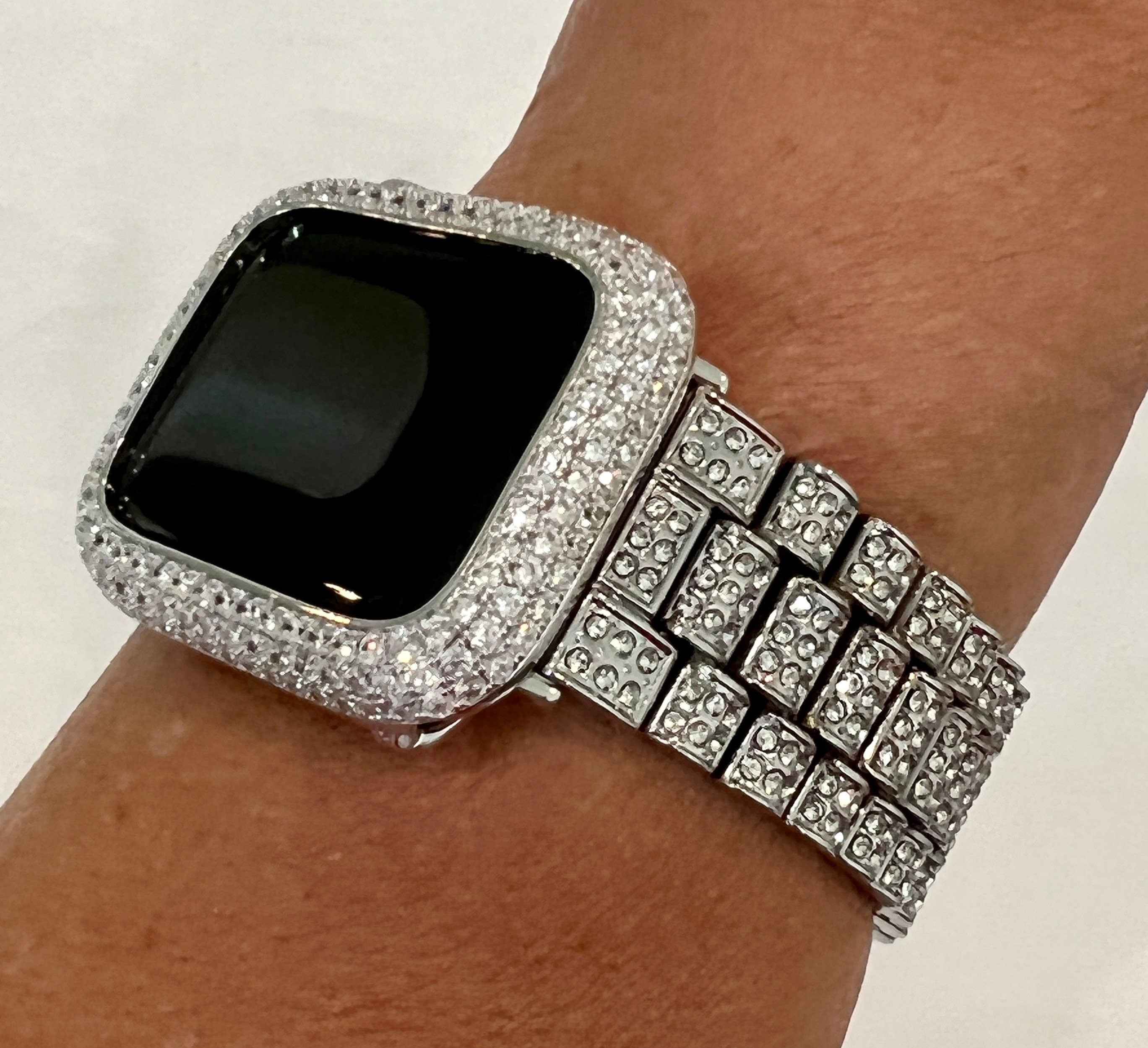 Designer Pave Apple Watch Band Silver Swarovski Crystal & or Apple Watch Cover Lab Diamond Bezel Apple Watch Case 38-49mm Iwatch Candy Bling