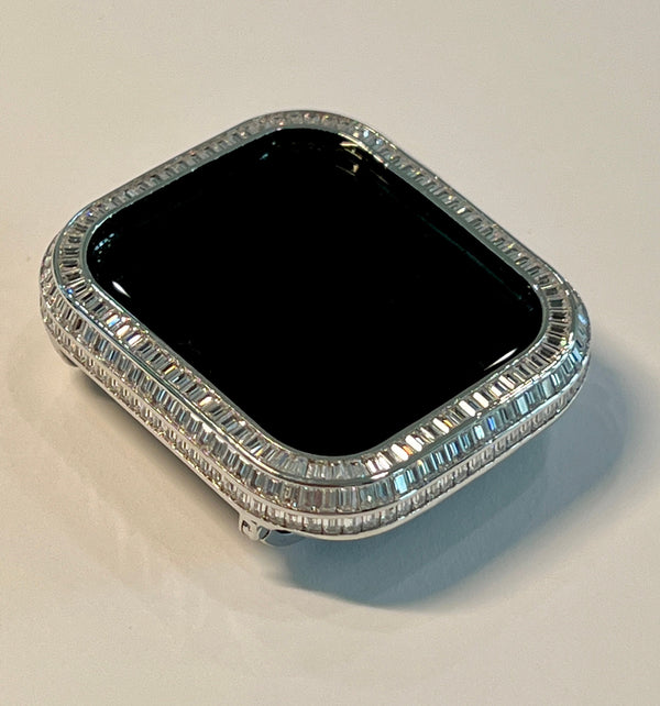 Apple Watch Bezel Cover 40mm 44mm 3 Rows of Lab Diamond Baguettes in 14k White Gold Plated Metal