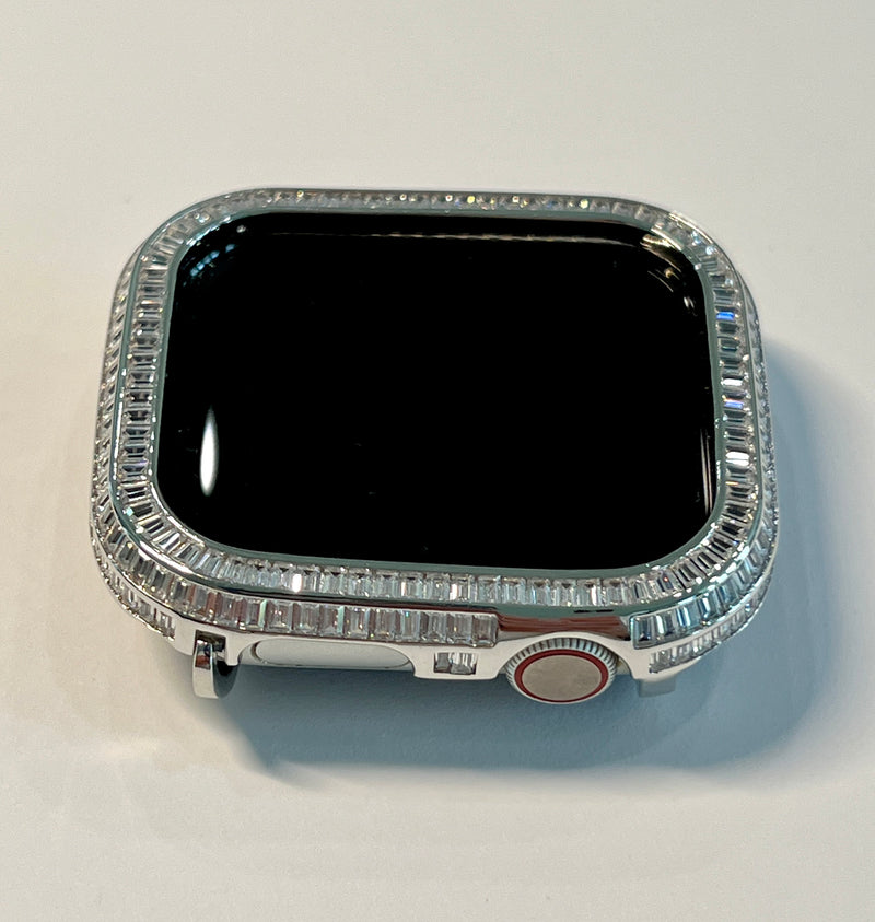 Silver Apple Watch Cover 40mm 41mm 44mm 45mm, Apple Watch Case 3 Rows of Lab Diamond Baguettes, Iphone Watch Bezel Bumper Bling, Iwatch