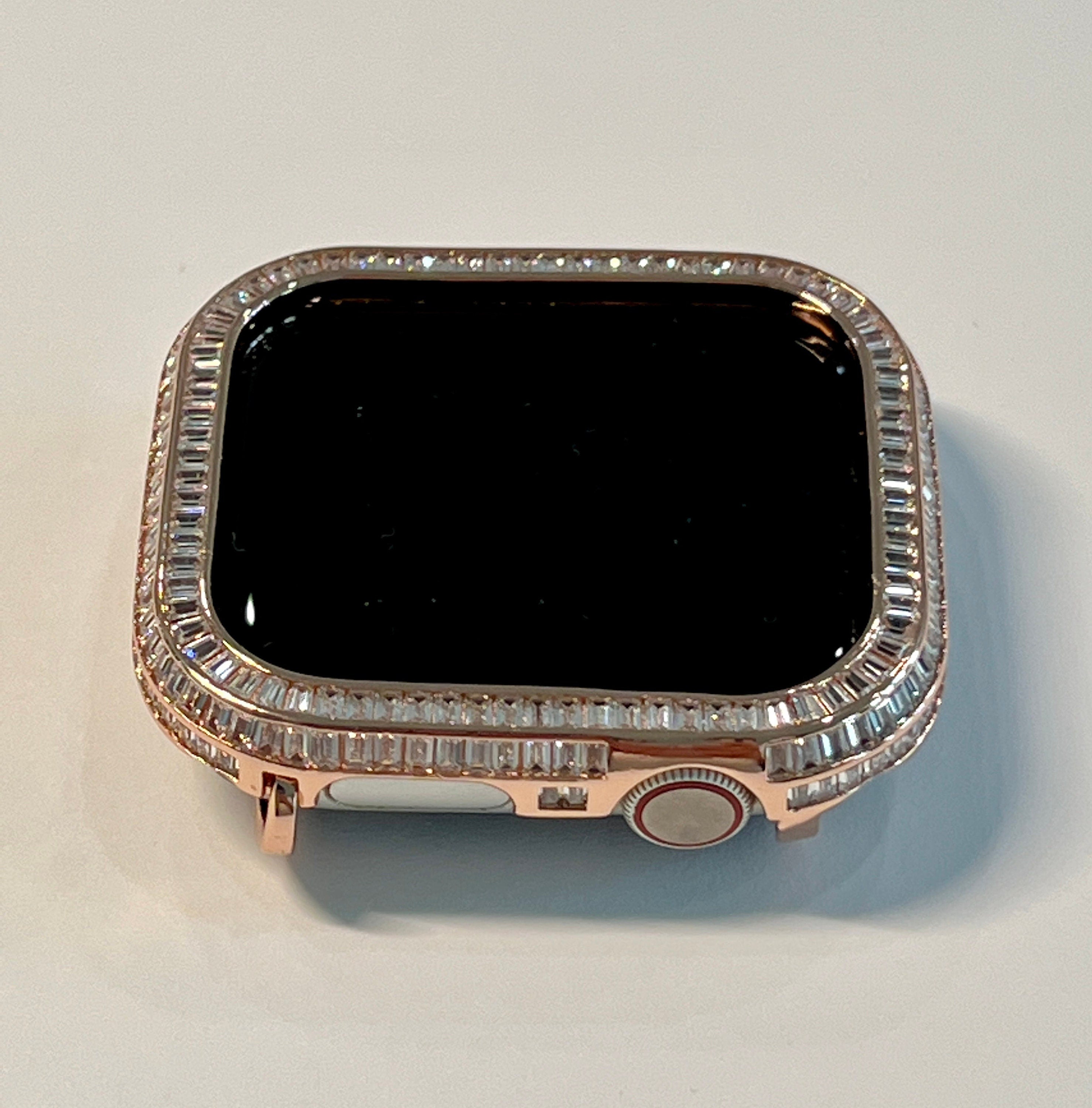 Statement Rose Gold Apple Watch Case Womens 40mm 41mm 44mm 45mm Baguette Lab Diamonds Apple Watch Cover Iwatch Candy Bling Series 4-9