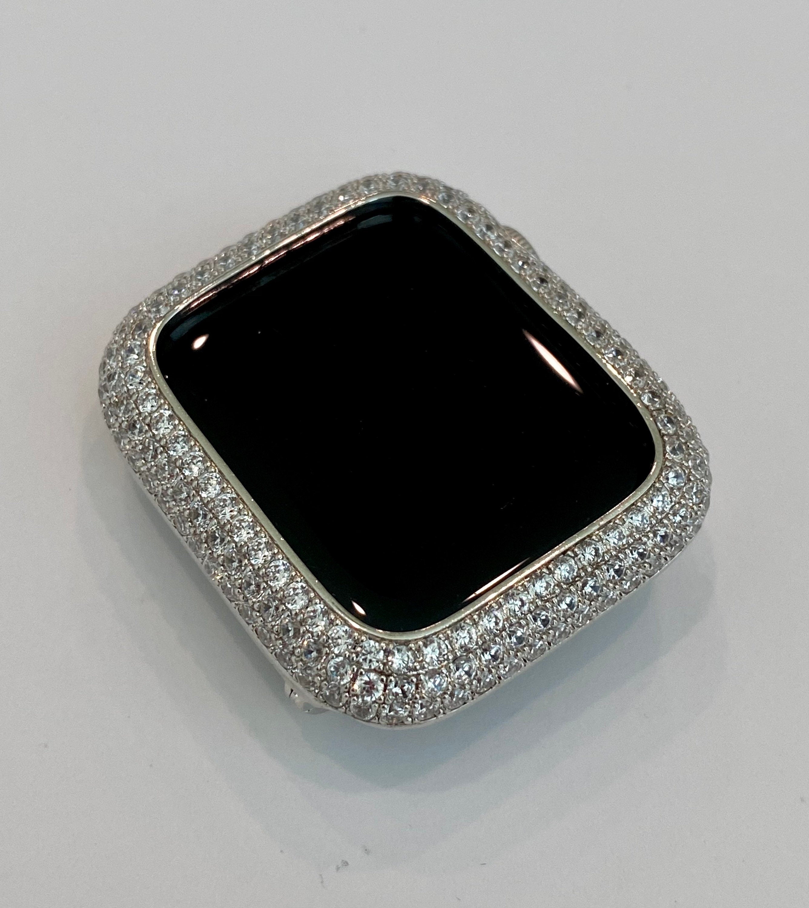 Iced Out Apple Watch Cover with Lab Diamond Silver 14k White Gold Plated Bezel Bling 38mm-49mm Ultra Series 2-8