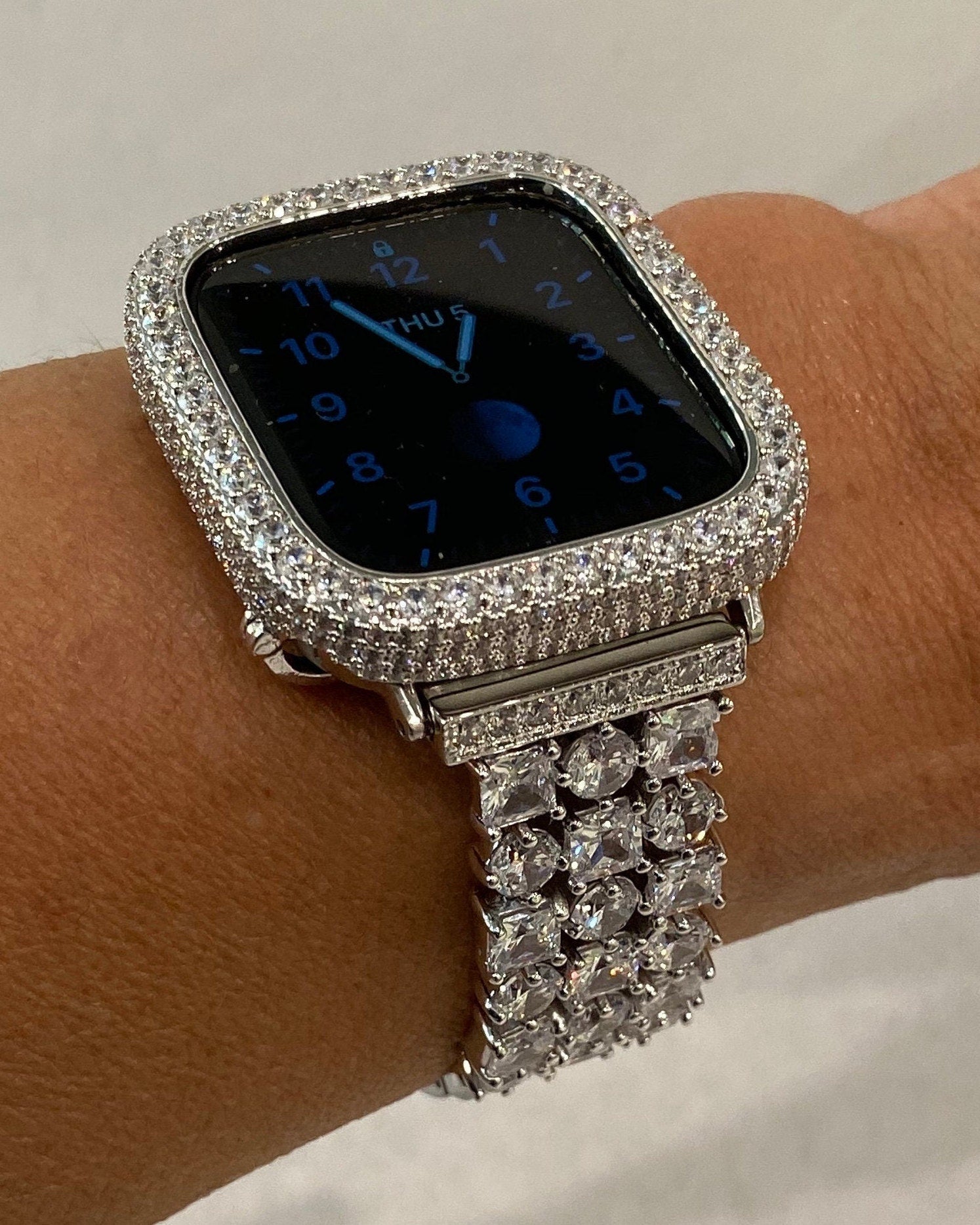 Apple Watch Band 49mm Ultra Silver Swarovski Crystals & or Apple Watch Cover Lab Diamond Bezel Case 38mm-45mm Iwatch Candy 38mm-49mm Ultra