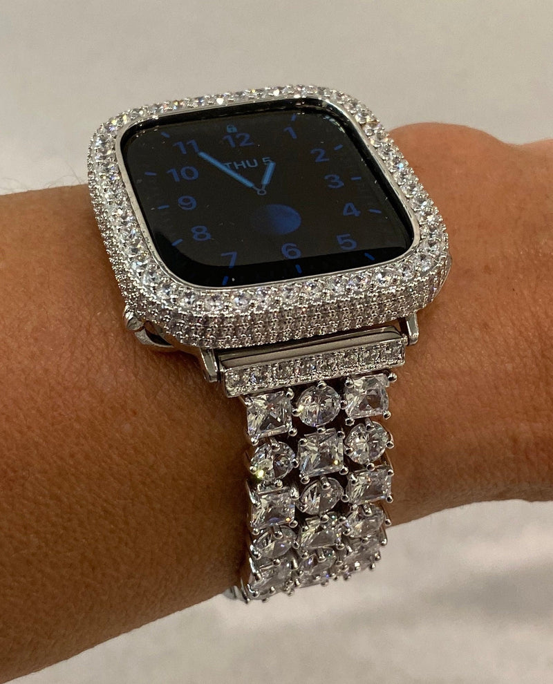 Series 2-8 White Gold Apple Watch Band Swarovski Crystals & or Silver Lab Diamond Cover Bezel for Iwatch Band Bling 38-45mm