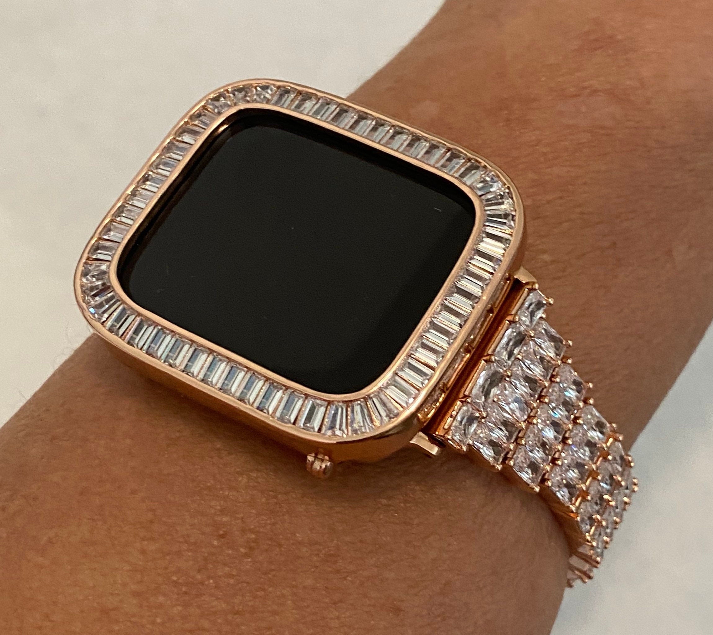 Custom Rose Gold Apple Watch Band Womens Style sizes 38mm-45mm & or Baguette Apple Watch Cover Lab Diamond in 14K Rose Gold Plating Protective Apple Watch Case From Iwatch Candy Bling  Handmade