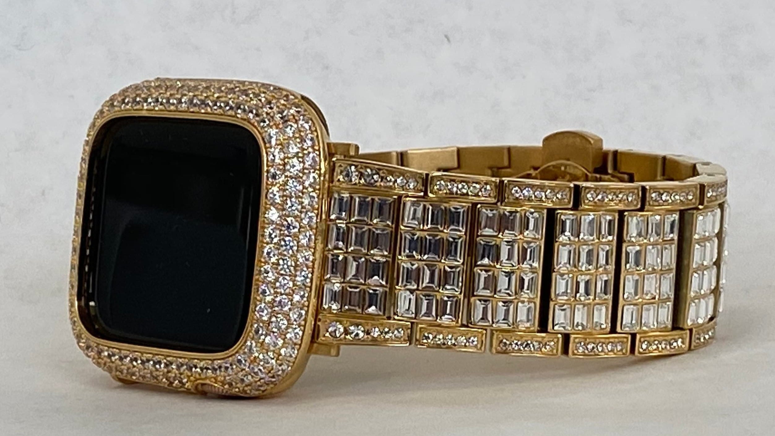 Designer Gold Apple Watch Band 49mm Ultra Mens Crystal & or Apple Watch Case Lab Diamond Bezel Apple Watch Cover 38mm-45mm