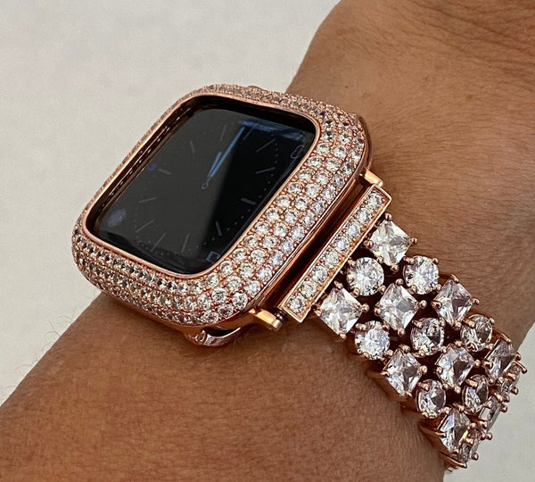 Apple Watch Band 49mm Ultra Crystals Rose Gold & or Apple Watch Cover Lab Diamond Bezel Apple Watch Case Bumper Bling 38mm-45mm