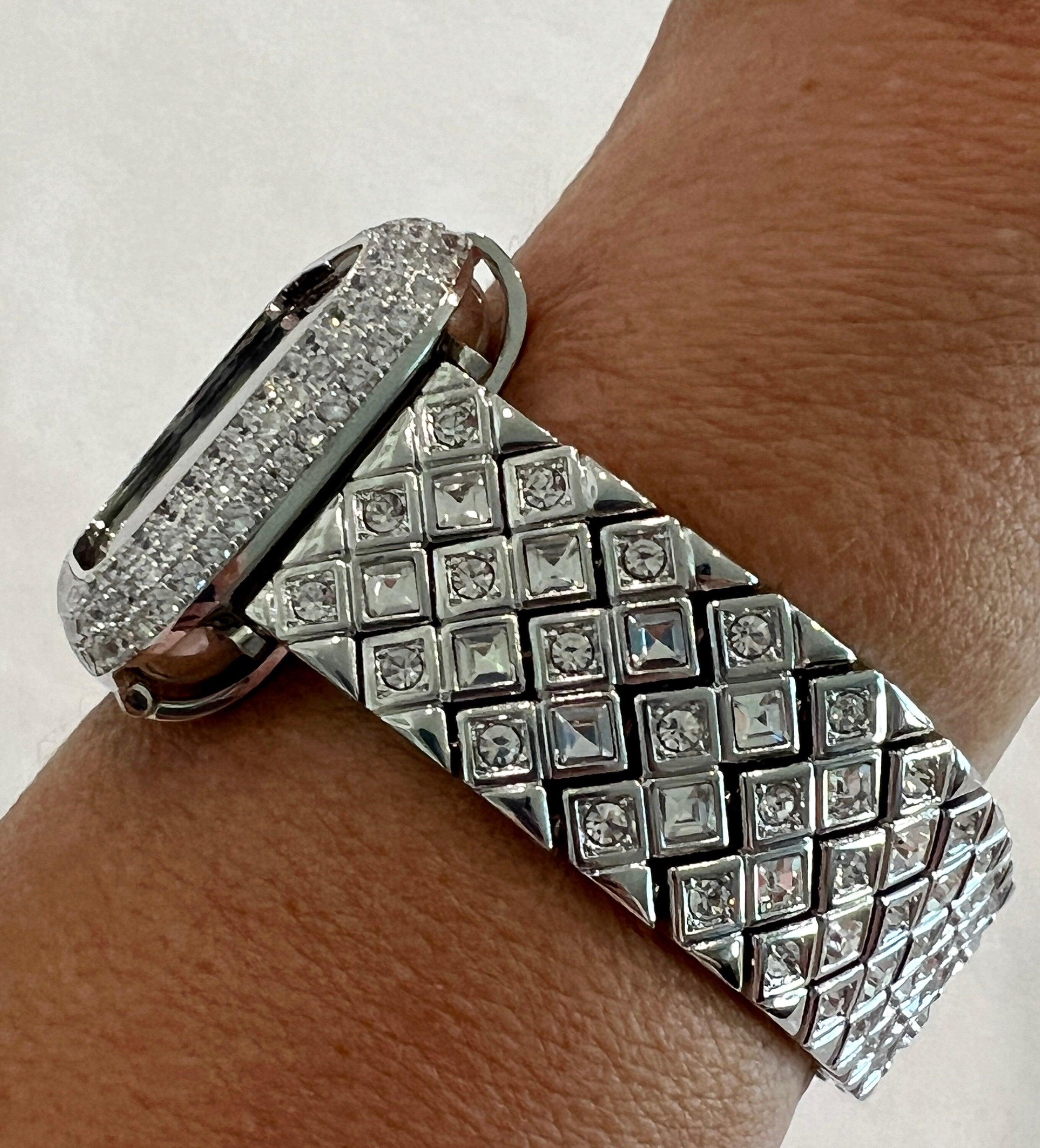 Apple Watch Band Women, Iphone Watch Band Silver Large Crystals & or Apple Watch Case Lab Diamond Bezel, Iphone Watch Cover Bling