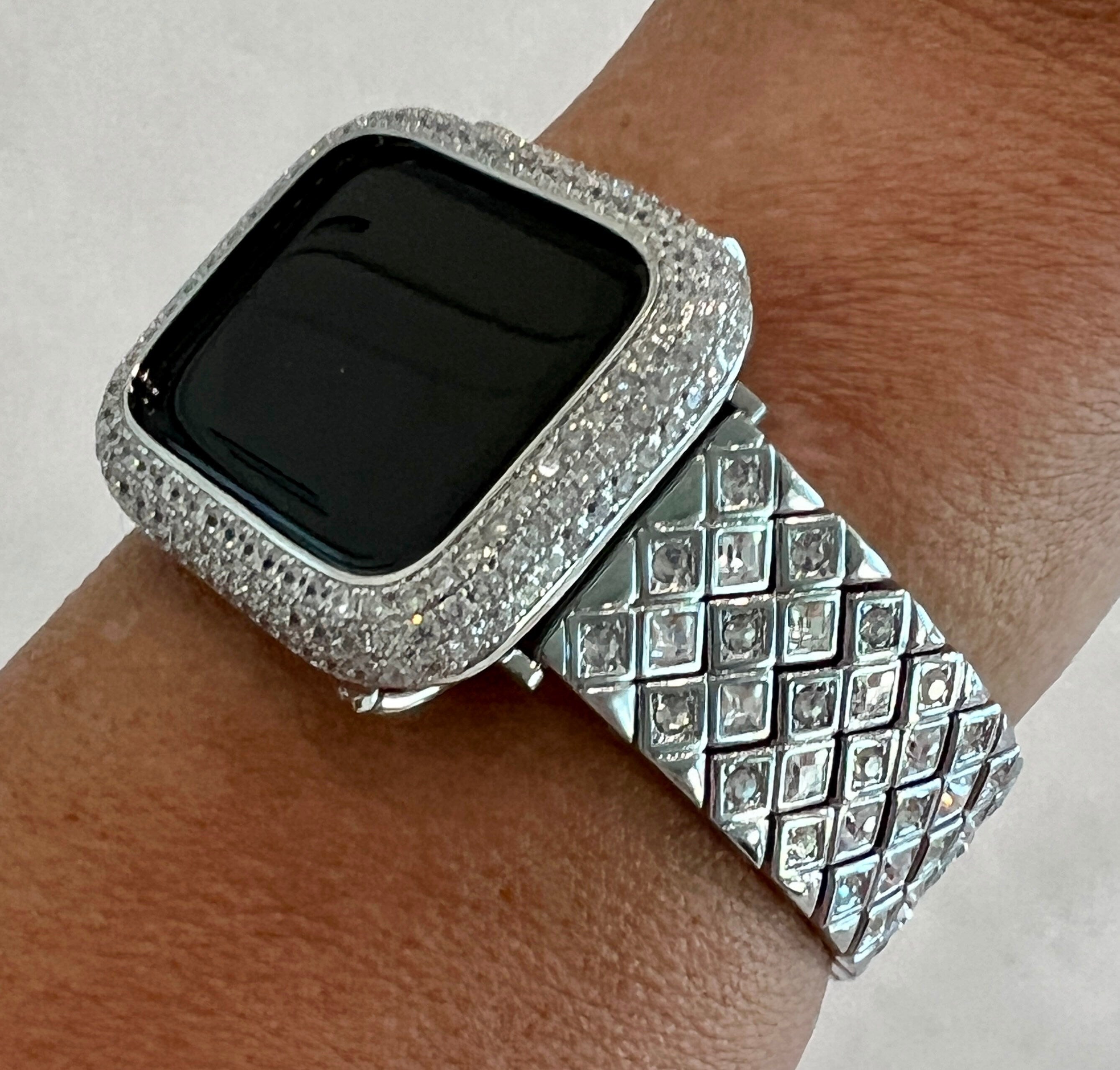 Luxury Womens Apple Watch Band Silver with Large Swarovski Crystals 38 40 41 42 44 45 49mm Ultra & or Apple Watch Cover with Pave Lab Diamonds Protective Bumper Bezel from Iwatch Candy