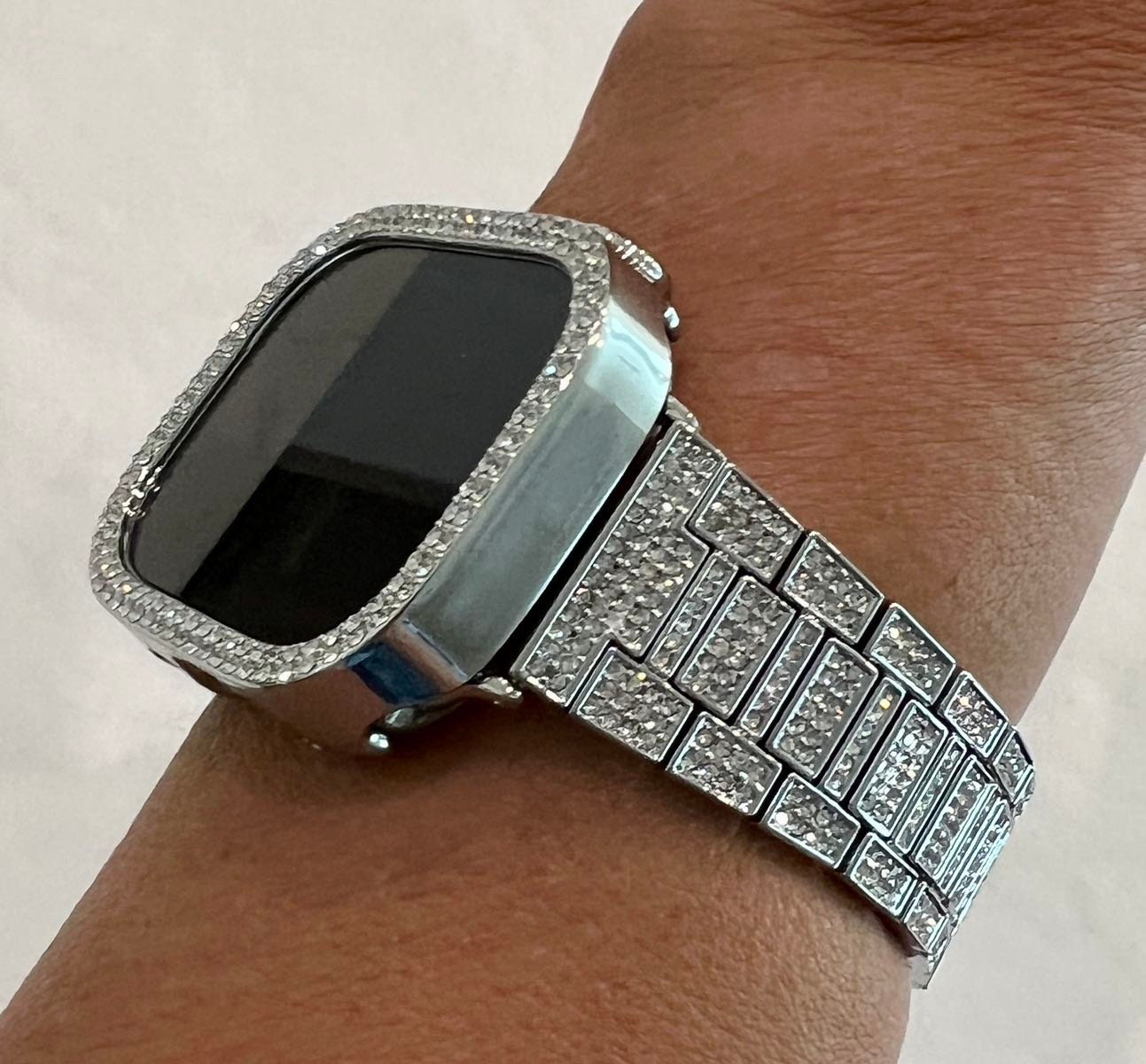 Iced Out 49mm Ultra Apple Watch Band Mens Swarovski Crystal 38 40 41 42 44 45mm & or Silver Crystal Bezel Cover Smartwatch Case Bling Series 2-8