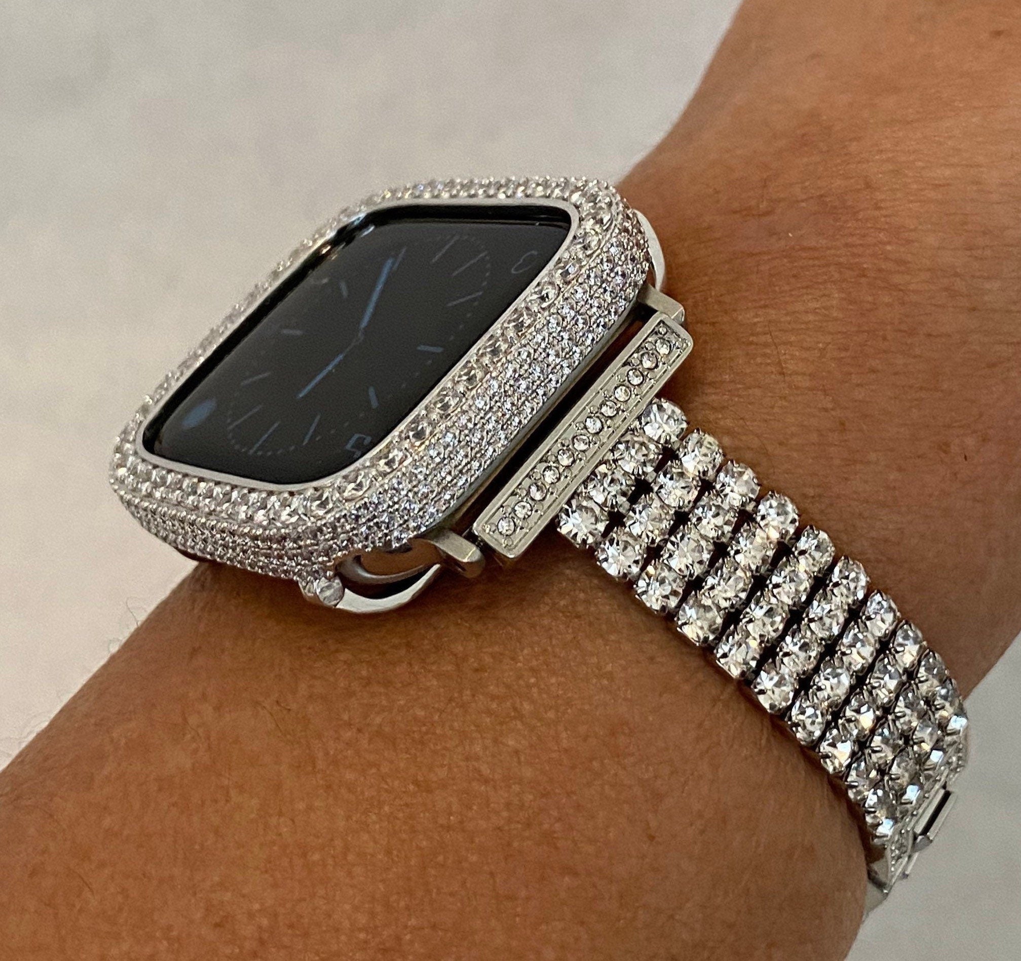 Silver Apple Watch Band and or Custom White Gold Apple Watch Cover Bezel Lab Diamonds 38 40 41 42 44 45mm, Smartwatch Bumper