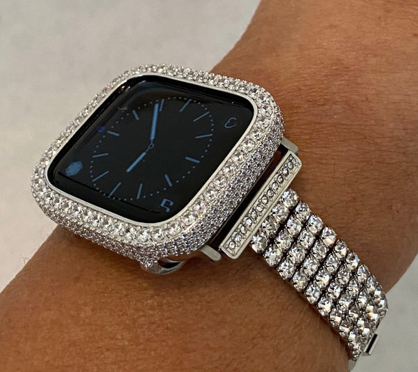 Silver Apple Watch Band and or Custom White Gold Apple Watch Cover Bezel Lab Diamonds 38 40 41 42 44 45mm, Smartwatch Bumper