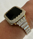 41mm 45mm 49mm Ultra Apple Watch Yellow Gold Custom Baguette Band Crystals & or Diamond Bezel Cover Smartwatch Bling Series 1-8