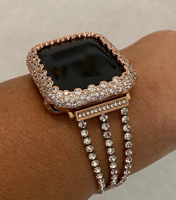 Series 8 41mm 45mm Apple Watch Band Women Rose Gold & or Lab Diamond Bezel Case Cover Smartwatch Bumper Bling Series 1-8