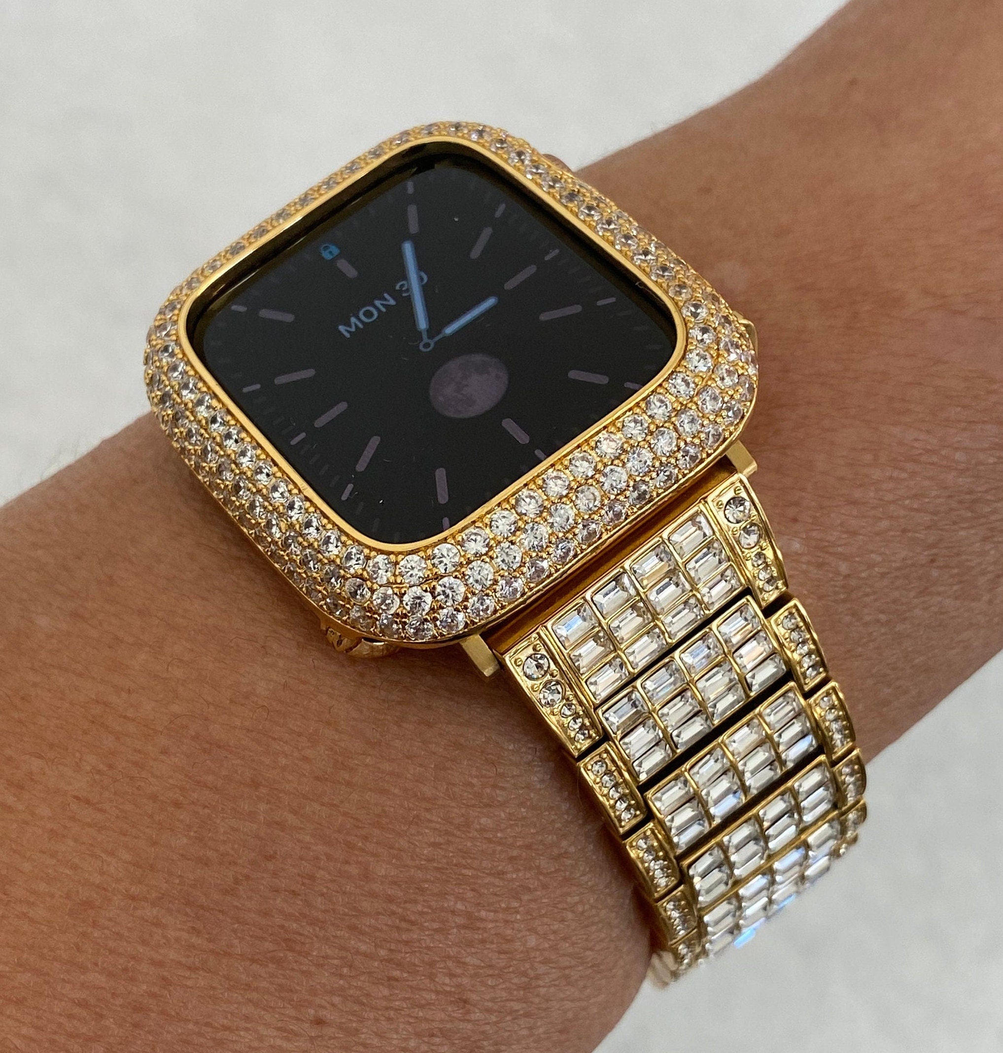 Gold Apple Watch Band 45mm Crystal Baguettes & or Apple Watch Cover Lab Diamond Bezel Case Bling 38mm-49mm Ultra Iwatch Candy