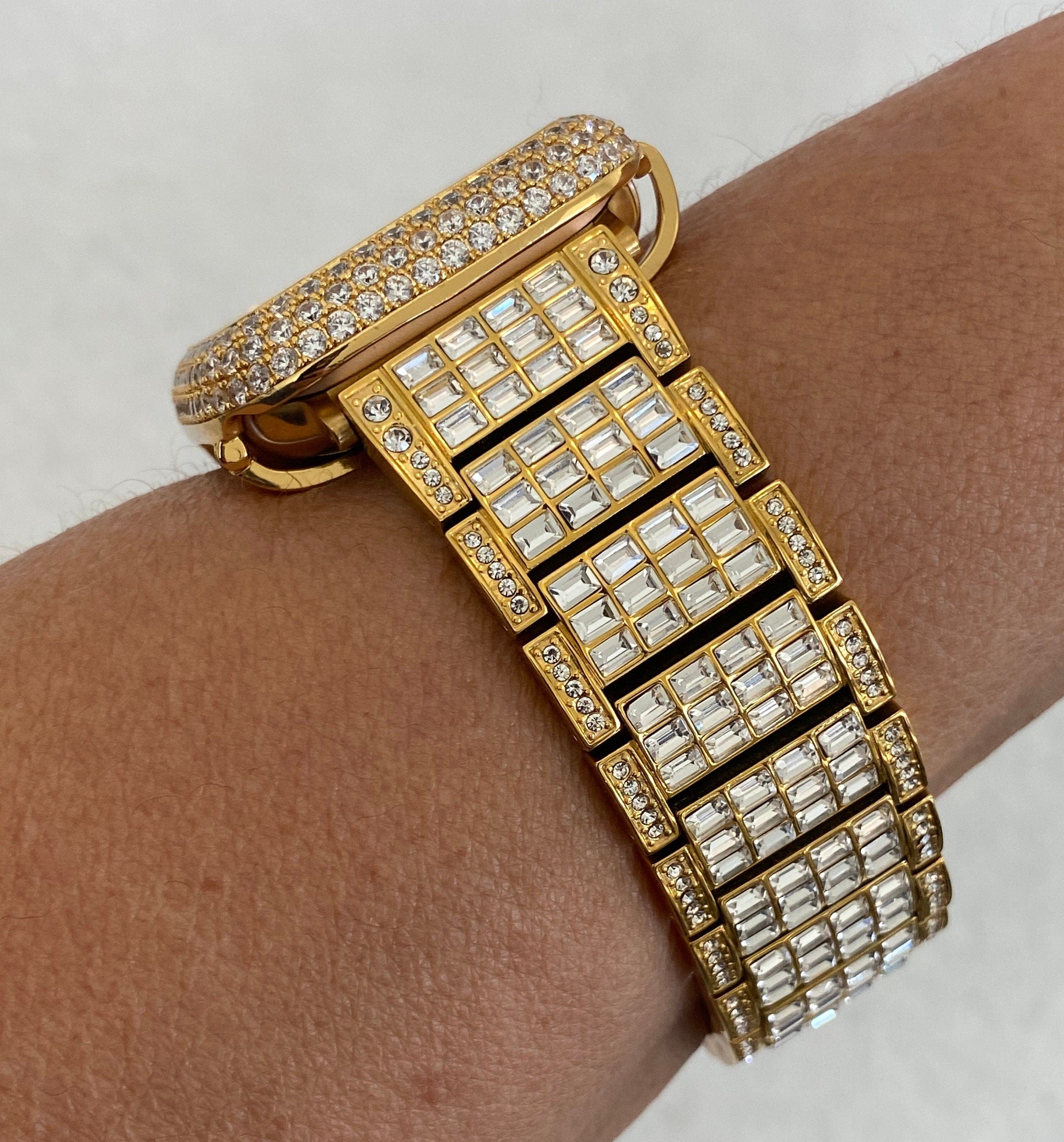 Gold Apple Watch Band 45mm Crystal Baguettes & or Apple Watch Cover Lab Diamond Bezel Case Bling 38mm-49mm Ultra Iwatch Candy