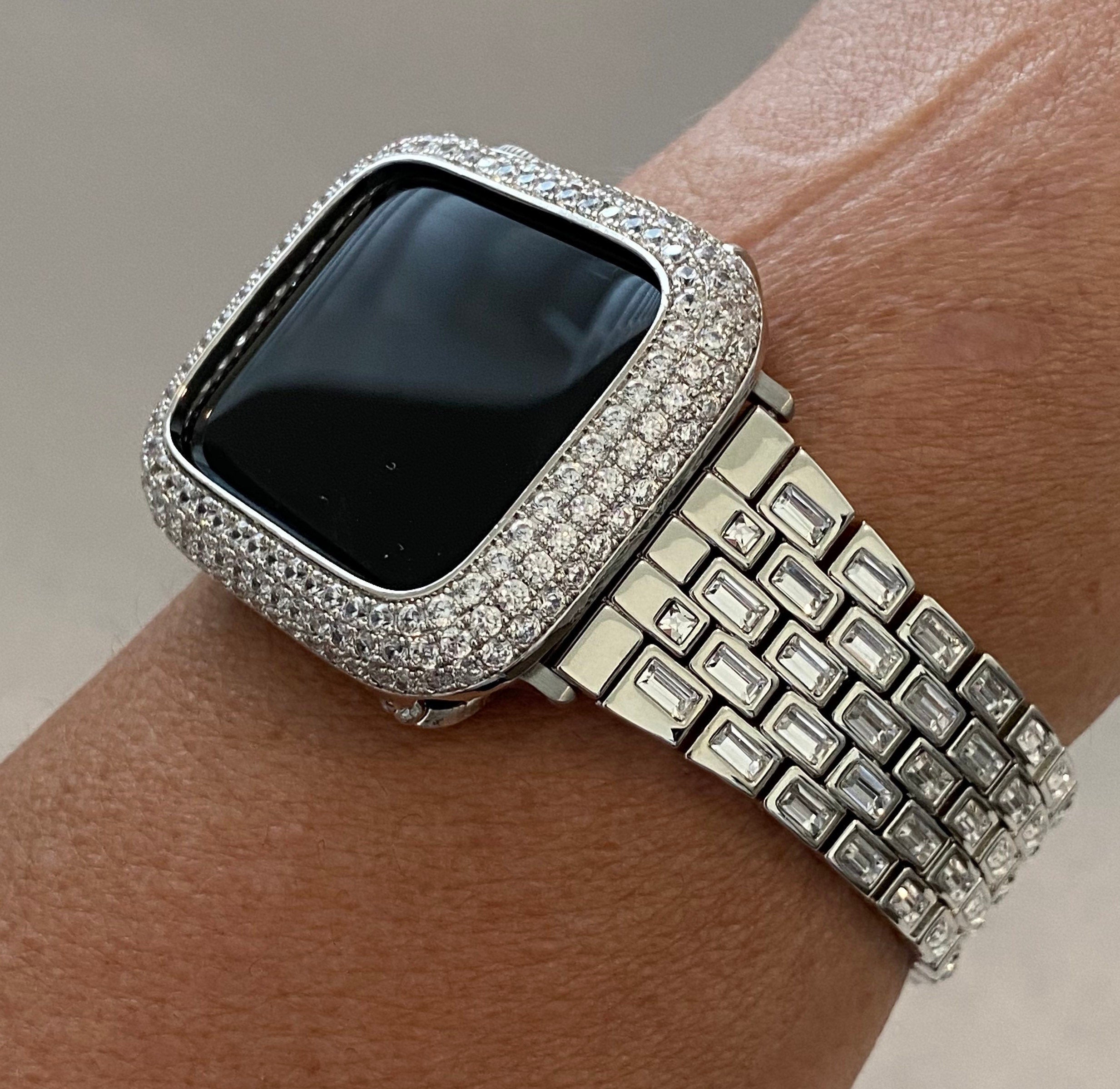 Silver Apple Watch Band Women Crystal Bracelet & or Apple Watch Cover Lab Diamond Bezel Case 38 40 41 42 44 45 49mm Ultra