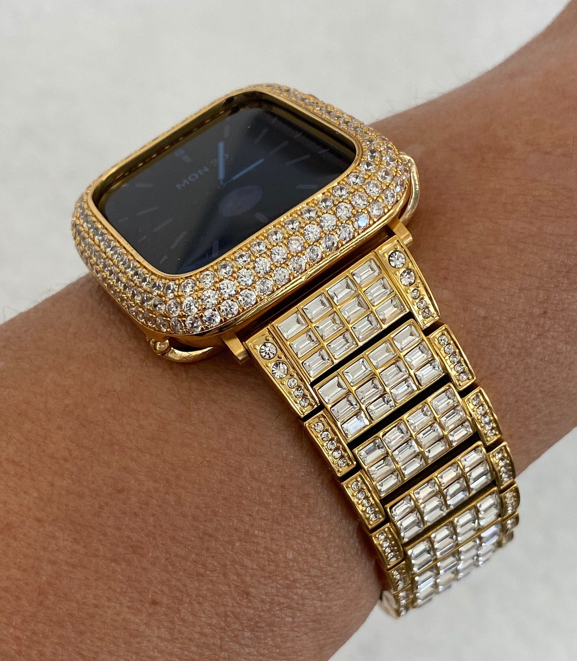 Gold Apple Watch Band 45mm Crystal Baguettes & or Apple Watch Cover Lab Diamond Bezel Case Bling 38mm-49mm Ultra Iwatch Candy