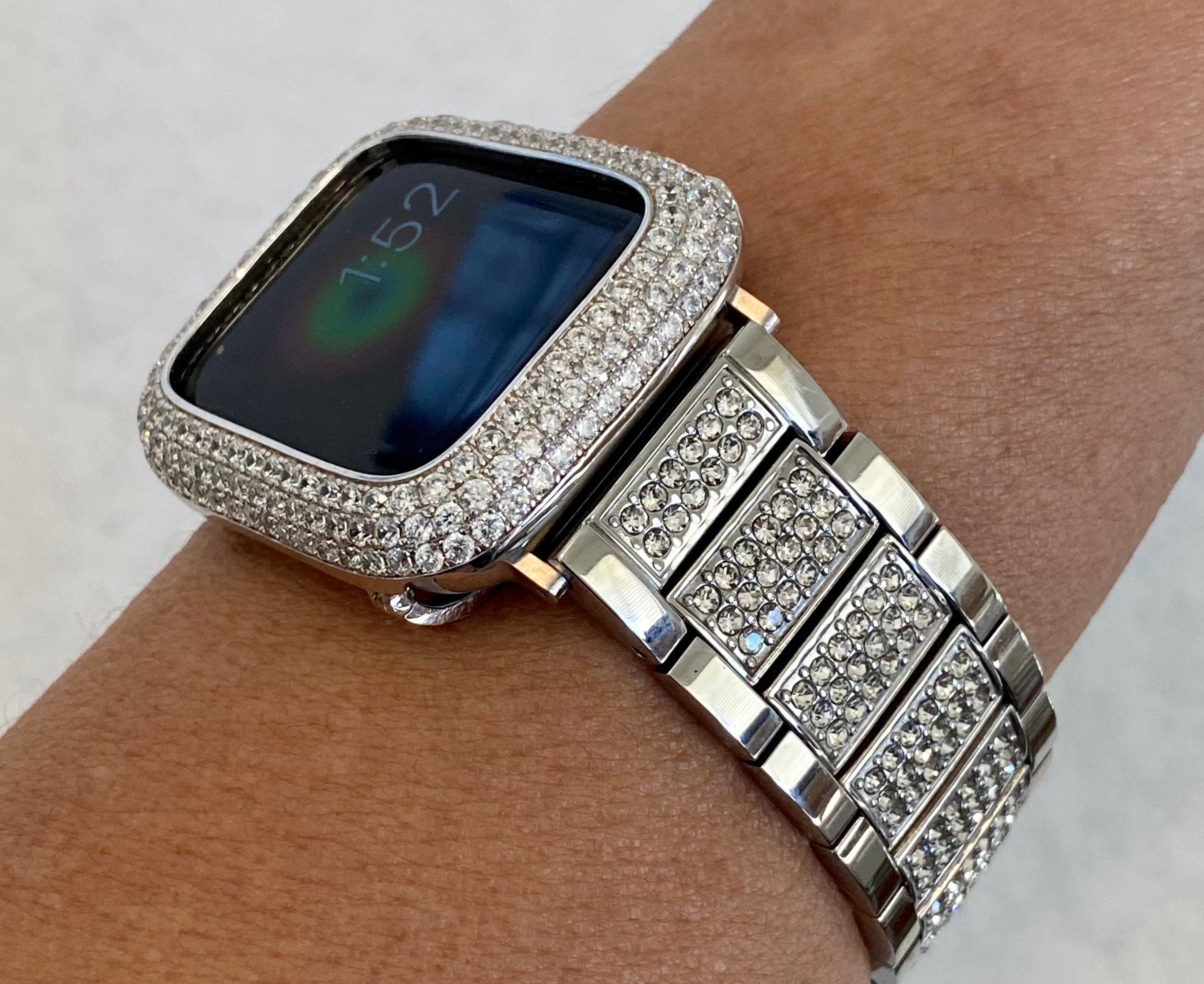 Designer Apple Watch Band Women 38mm 40mm 41mm 42mm 44mm 45mm 49mm Silver Swarovski Crystals & or Apple Watch Cover Lab Diamond Bezel Case