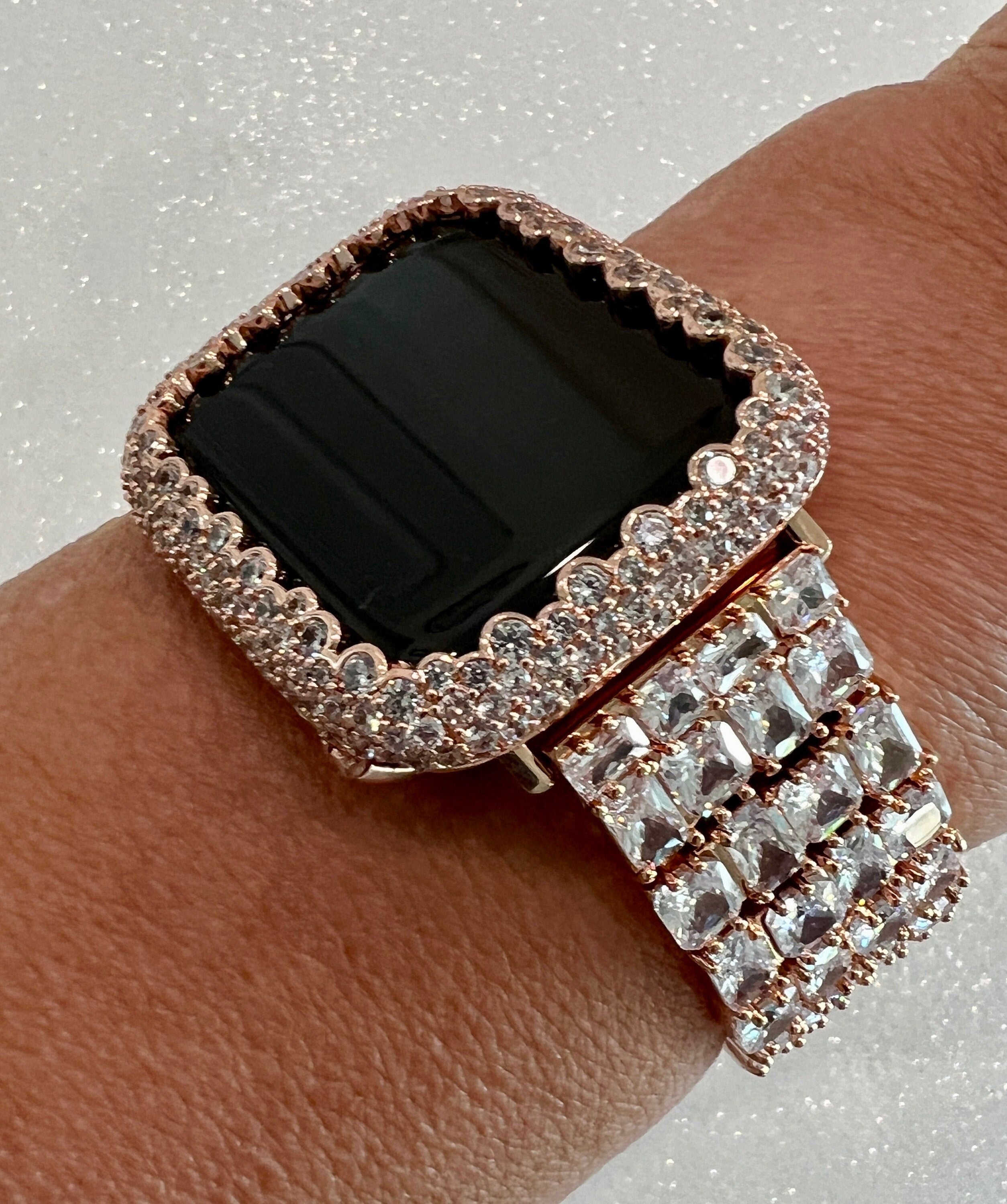 Statement Apple Watch Band Womens Rose Gold Swarovski Crystals & or Apple Watch Case Lab Diamond Bezel 38mm-49mm Ultra Iphone Watch Cover