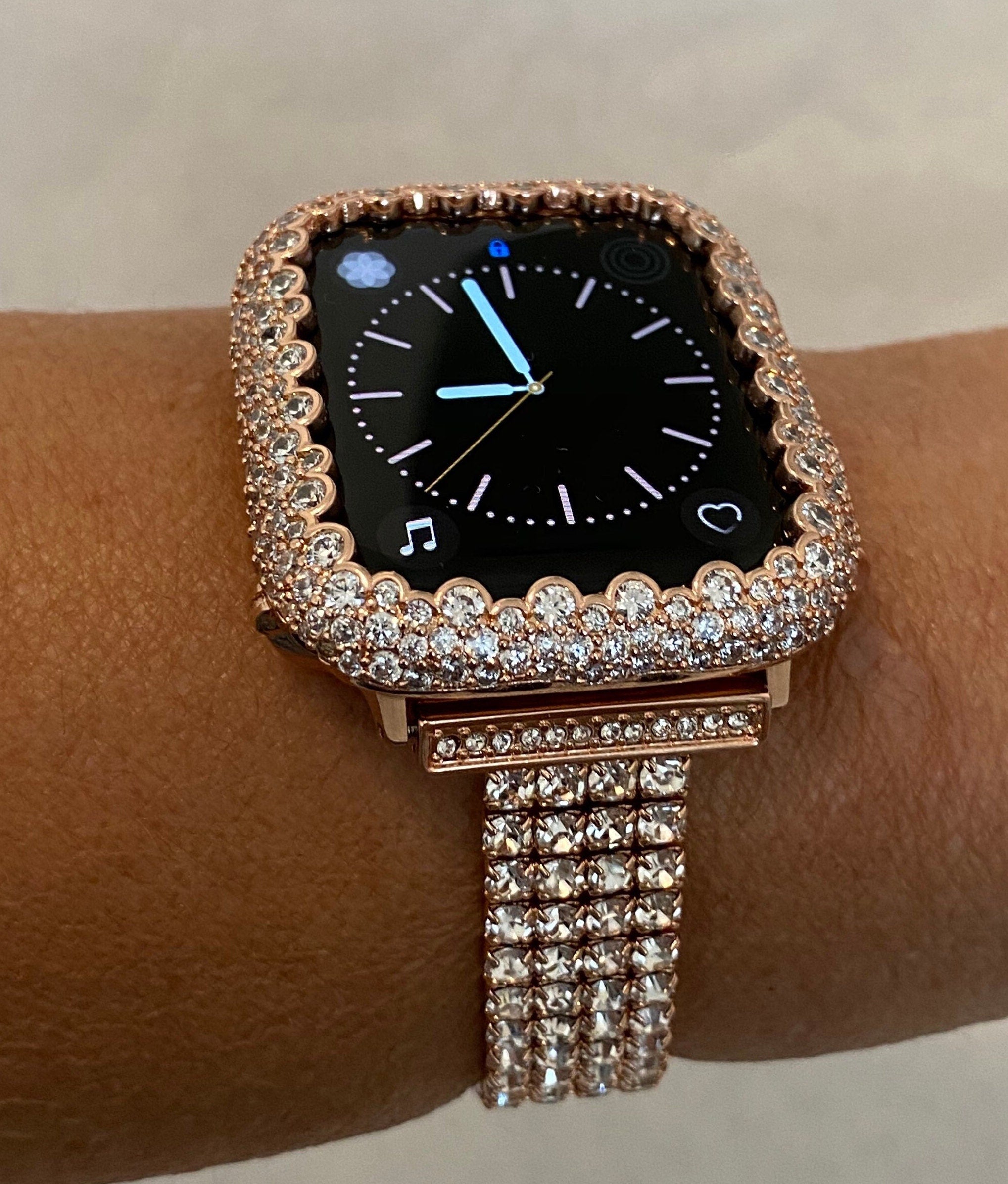 Apple Watch Band Women Rose Gold Swarovski Crystal 38mm-49mm Ultra & or Apple Watch Cover Lab Diamonds Iwatch Candy Bumper Case Bling