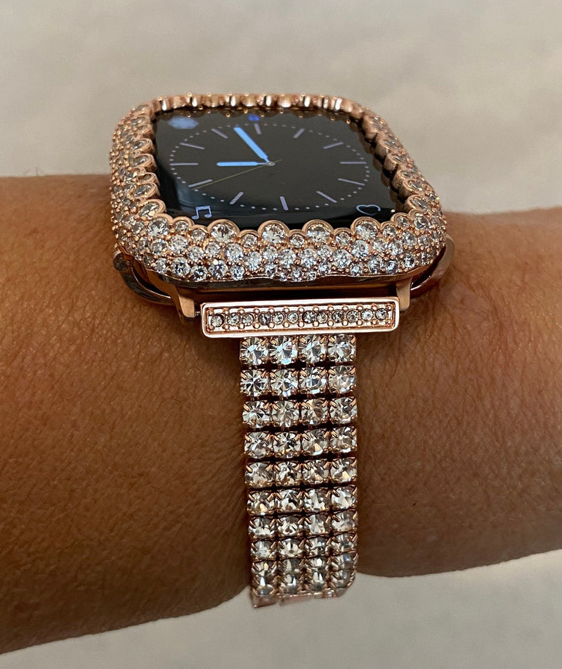 41mm 45mm Apple Watch Band Women Rose Gold Swarovski Crystals Series 1-8 SE & or Lab Diamond Bezel Iwatch Bling Smartwatch Bumper Bling