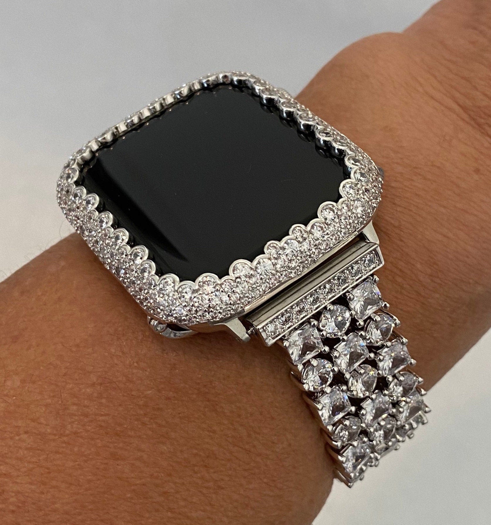 Womens Silver Women Apple Watch Band Swarovski Crystal 41mm 45mm 49mm Ultra & or Iphone Apple Watch Cover Lab Diamond Iwatch Case Bling