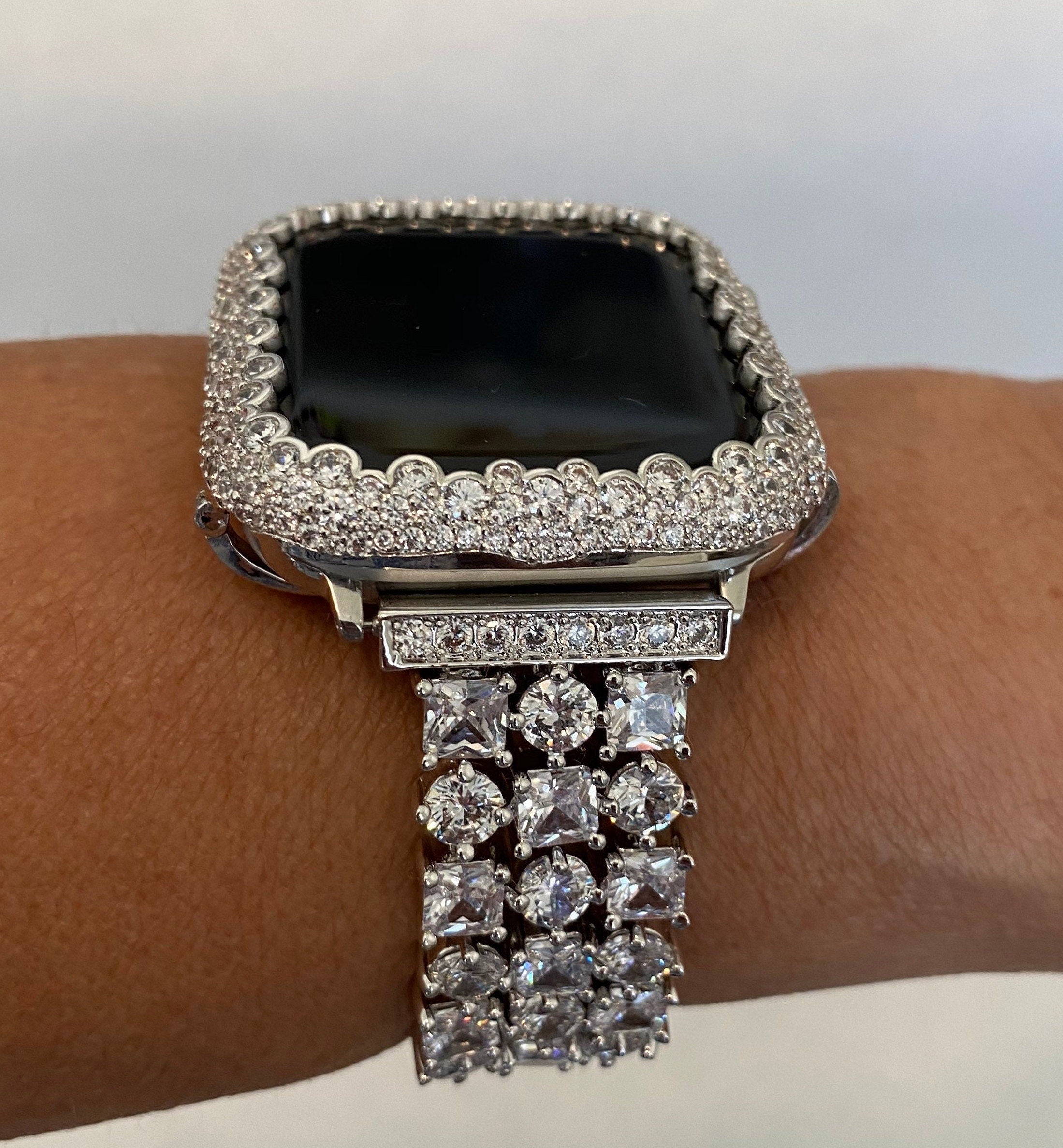 Womens Silver Women Apple Watch Band Swarovski Crystal 41mm 45mm 49mm Ultra & or Iphone Apple Watch Cover Lab Diamond Iwatch Case Bling