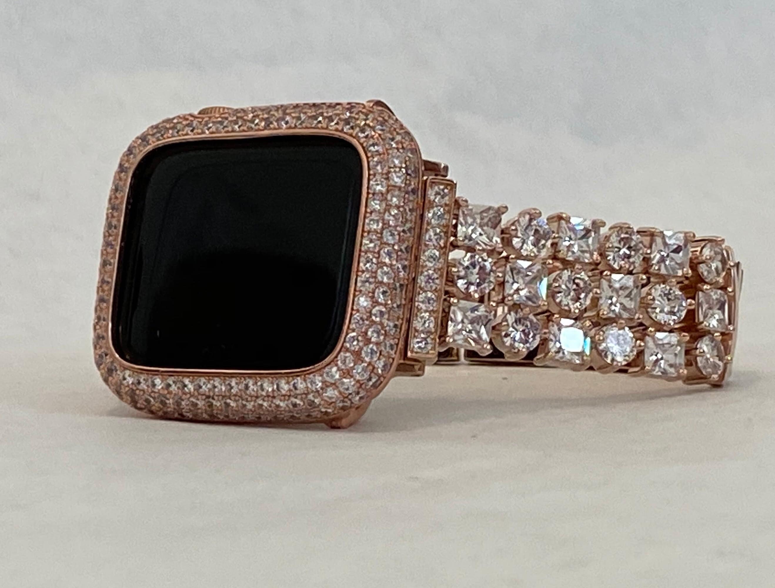 Rose Gold Apple Watch Band Womens Swarovski Crystals & or Apple Watch Cover Lab Diamond Bezel Iphone Watch Case 39mm-49mm Ultra Iwatch Candy