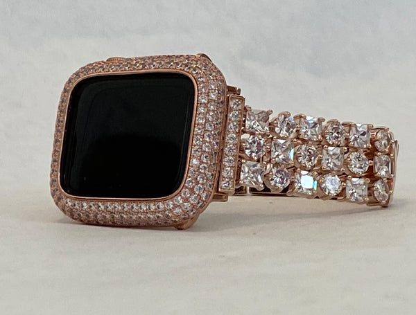 Rose Gold Apple Watch Band Series 8 41mm 45mm Swarovski Crystals & or Lab Diamond Bezel Cover 38 40 42 44mm Smartwatch Bling