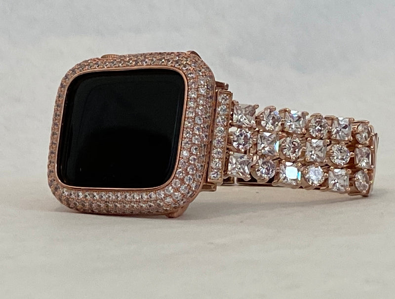 Rose Gold Apple Watch Band Womens 41mm 45mm 49mm Ultra Crystals & or Apple Watch Cover Lab Diamonds 38, 40, 41, 42, 44, 45, 49mm