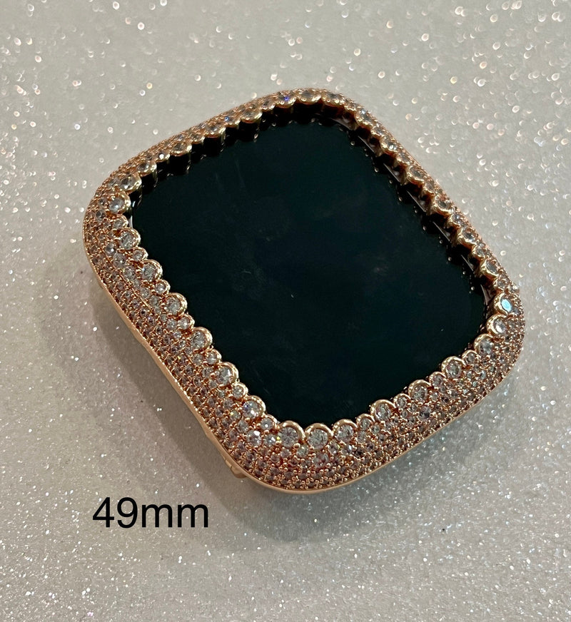 Womens Rose Gold Apple Watch Cover with Lab Diamond 41mm 45mm 49mm Ultra Smartwatch Bumper Bling Series 8
