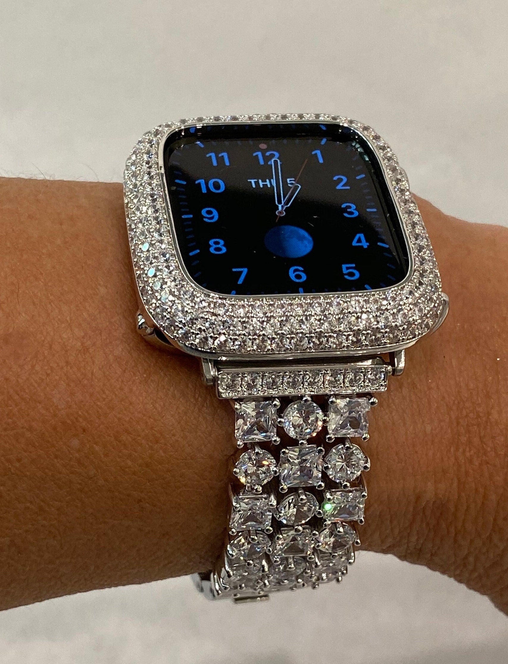 Custom Apple Watch Band 44mm Woman Silver Swarovski Crystal & or Apple Watch Cover Lab Diamond Bezel Bling 38mm-49mm Ultra Apple Watch Case