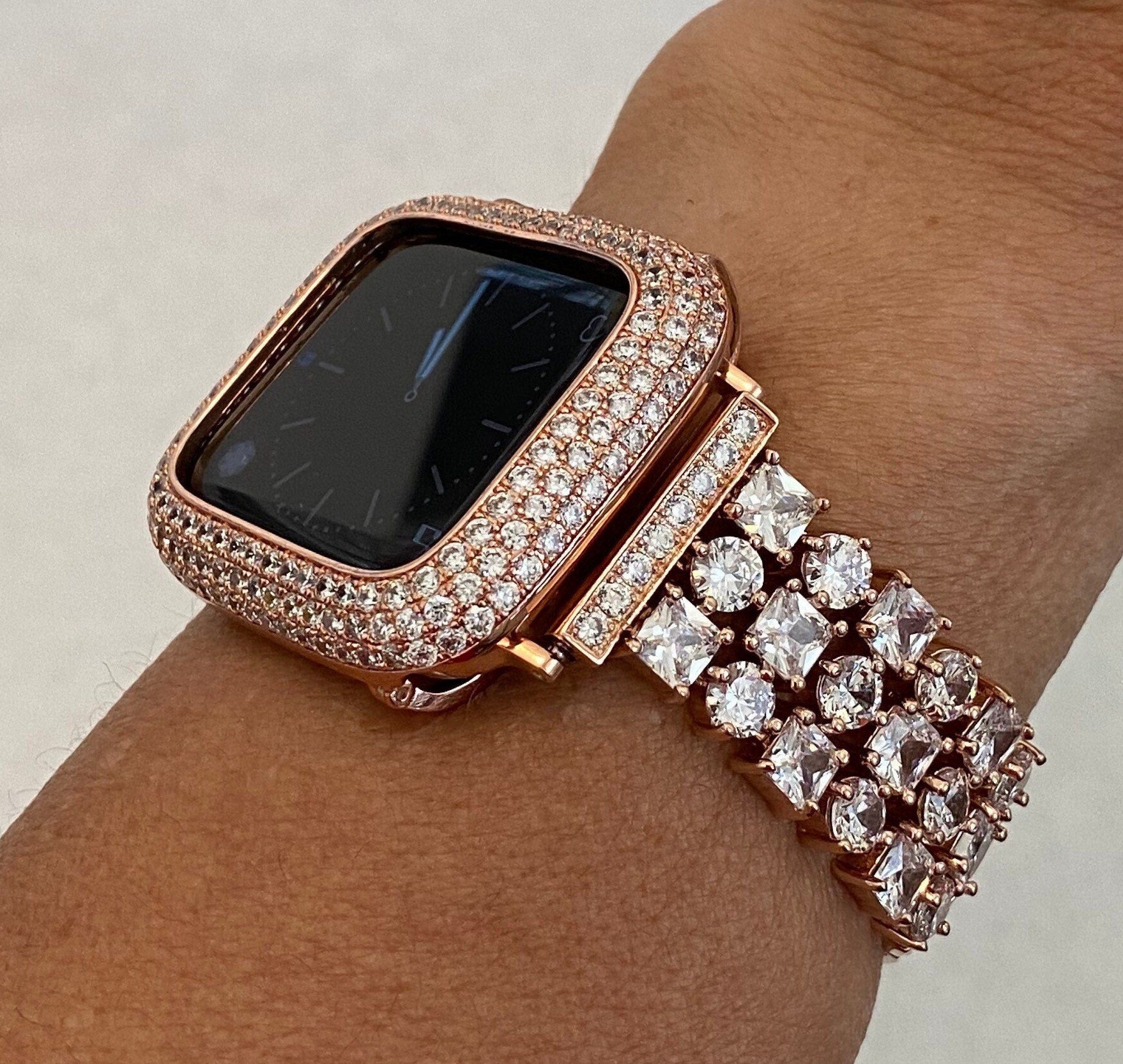 Crystal Rose Gold Apple Watch Band Womens 41mm 45mm 49mm Ultra & or Apple Watch Cover Set With Lab Diamonds Iwatch Case Bling 38mm-49mm SE