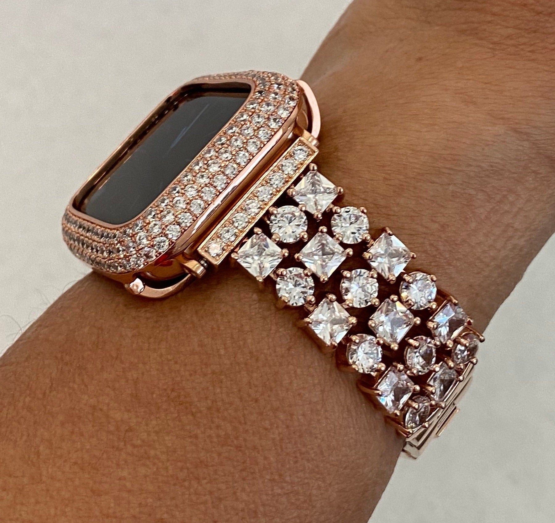 Crystal Rose Gold Apple Watch Band Womens 41mm 45mm 49mm Ultra & or Apple Watch Cover Set With Lab Diamonds Iwatch Case Bling 38mm-49mm SE