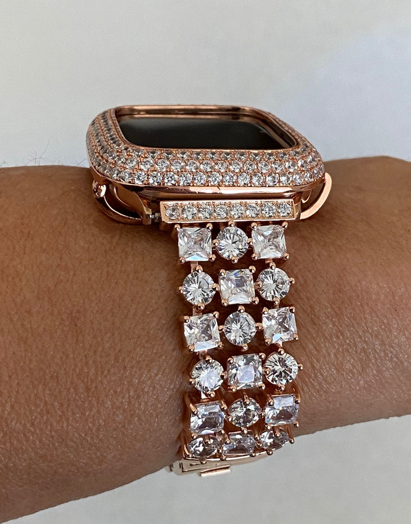 Rose Gold Apple Watch Band Womens 41mm 45mm 49mm Ultra Crystals & or Apple Watch Cover Lab Diamonds 38, 40, 41, 42, 44, 45, 49mm