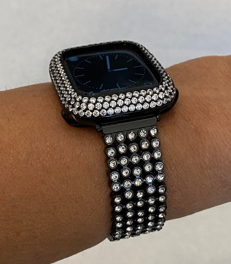 Series 1-8 Apple Watch Band Black Crystal & or Apple Watch Cover Lab Diamond Bezel 38mm 40mm 42mm 44mm 45mm 49mm Ultra Smartwatch