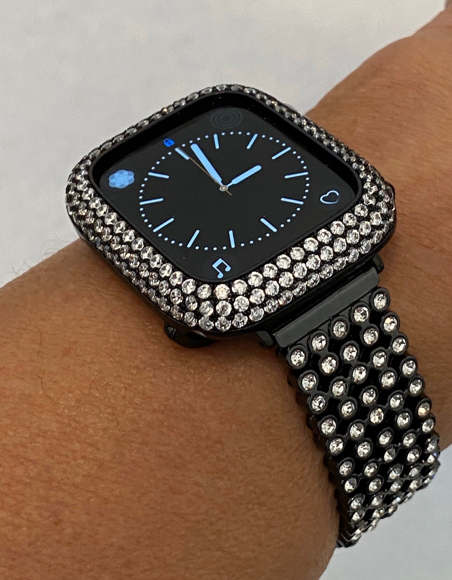 Statement Apple Watch Band Black Swarovski Crystal & or Apple Watch Cover Lab Diamonds Protective Bumper Bezel 38mm 40mm 42mm 44mm 45mm 49mm Ultra Smartwatch