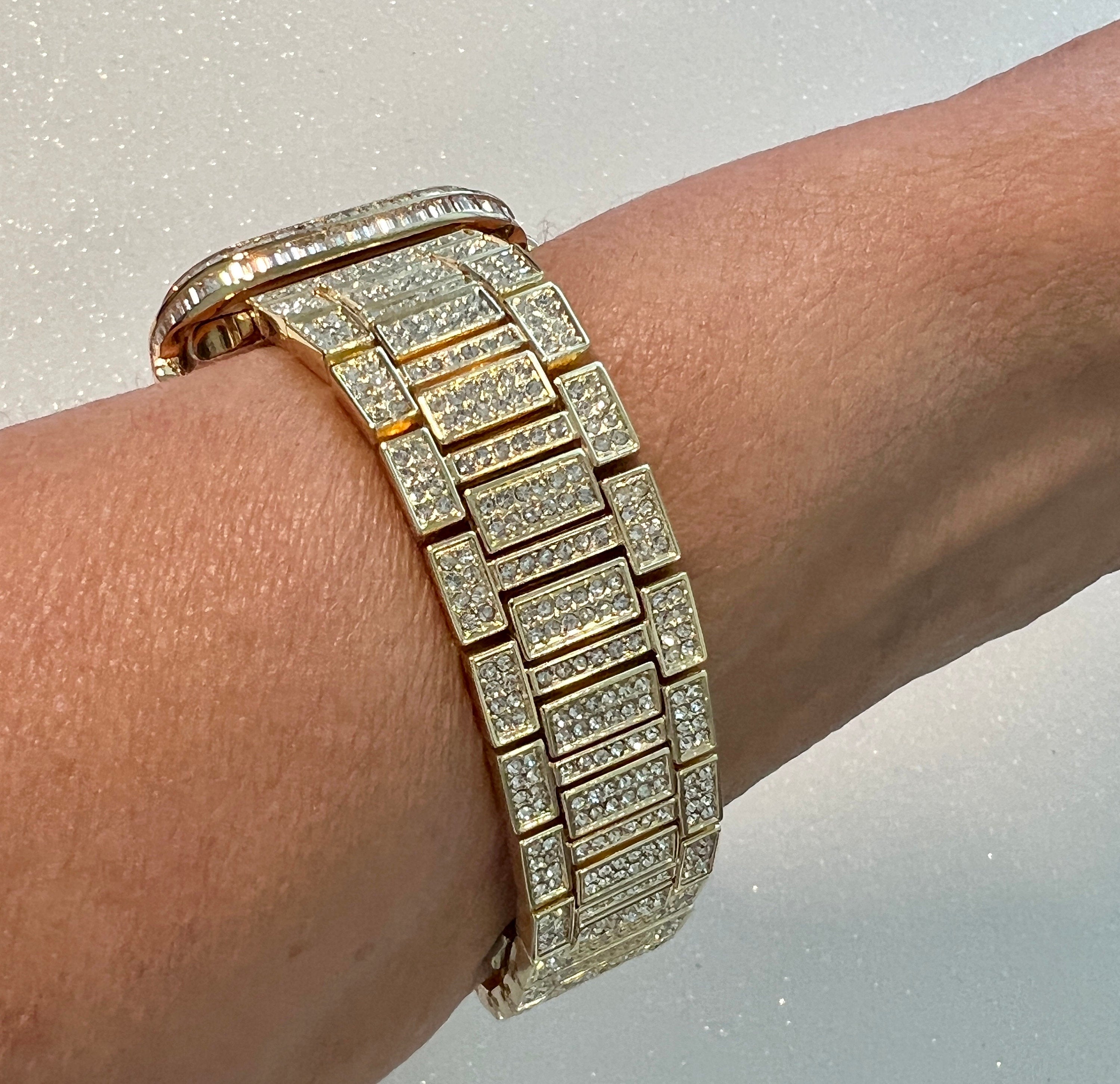 Luxury Apple Watch Band Yellow Gold Pave Swarovski Crystals & or Apple Watch Case Baguette Lab Diamond Bezel Cover Iwatch Candy Bling