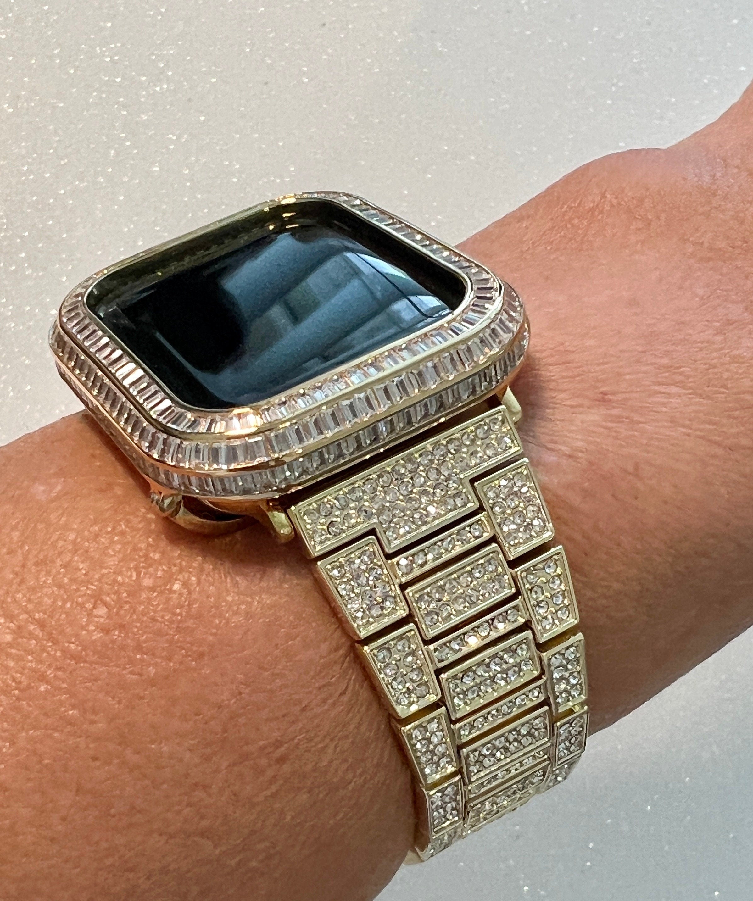 Luxury Apple Watch Band Yellow Gold Pave Swarovski Crystals & or Apple Watch Case Baguette Lab Diamond Bezel Cover Iwatch Candy Bling