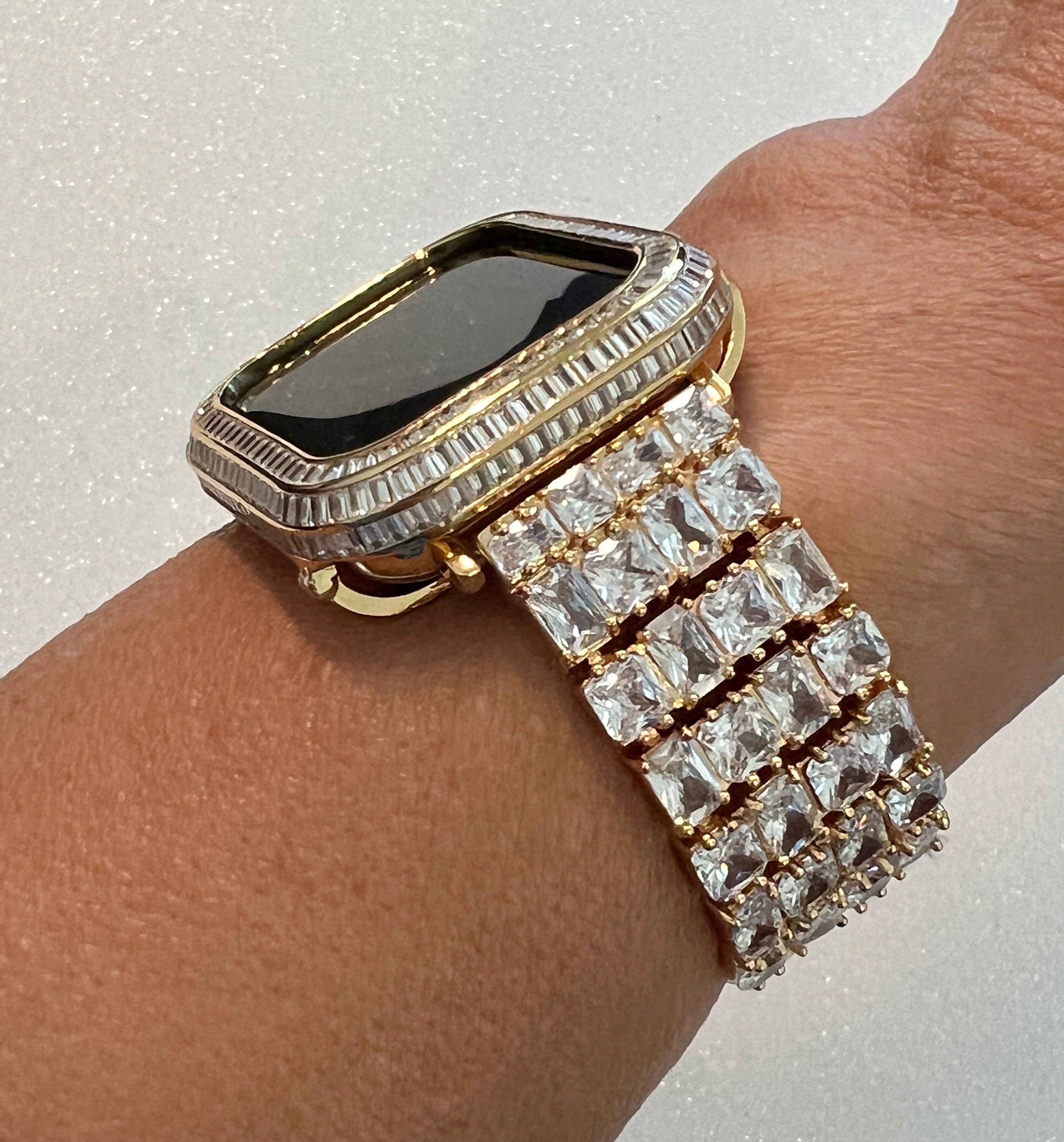 Yellow Gold Apple Watch Band Woman Baguette & Radiant Cut Crystals and or Designer Apple Watch Cover Lab Diamond Bezel 40mm-45mm