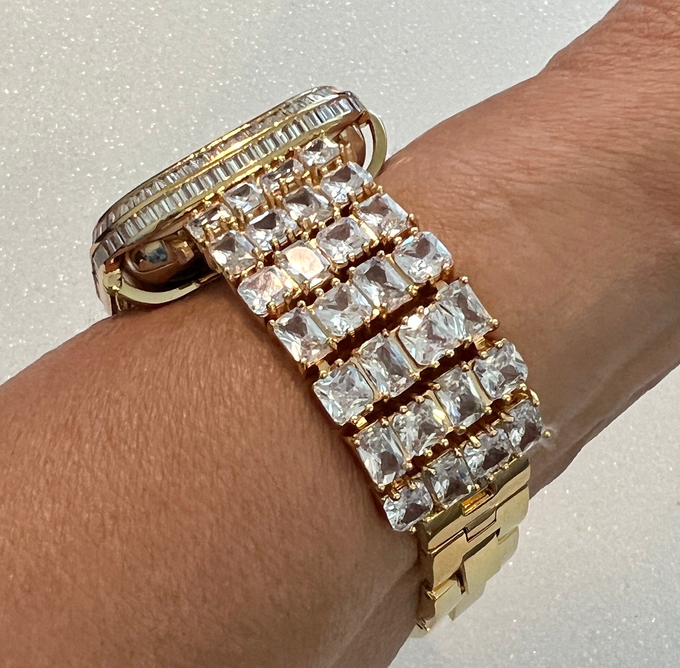 Yellow Gold Apple Watch Band Woman Baguette & Radiant Cut Crystals and or Designer Apple Watch Cover Lab Diamond Bezel 40mm-45mm