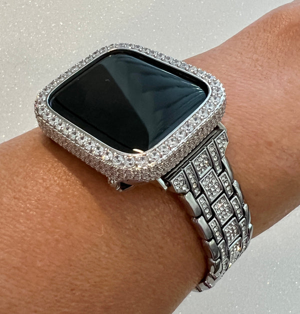 Designer Silver Apple Watch Band with Swarovski Crystals Stainless Steel and or Apple Watch Case with 2.5mm Lab Diamonds set in 14K White Gold Protective Bumper from Iwatch Candy