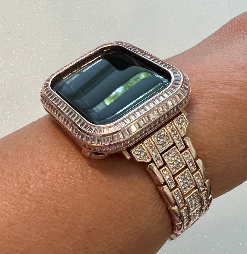 Luxury Apple Watch Band Womens Rose Gold Swarovski Crystals & or Apple Watch Case Baguette Lab Diamonds Bumper Cover Iwatch Candy Bling