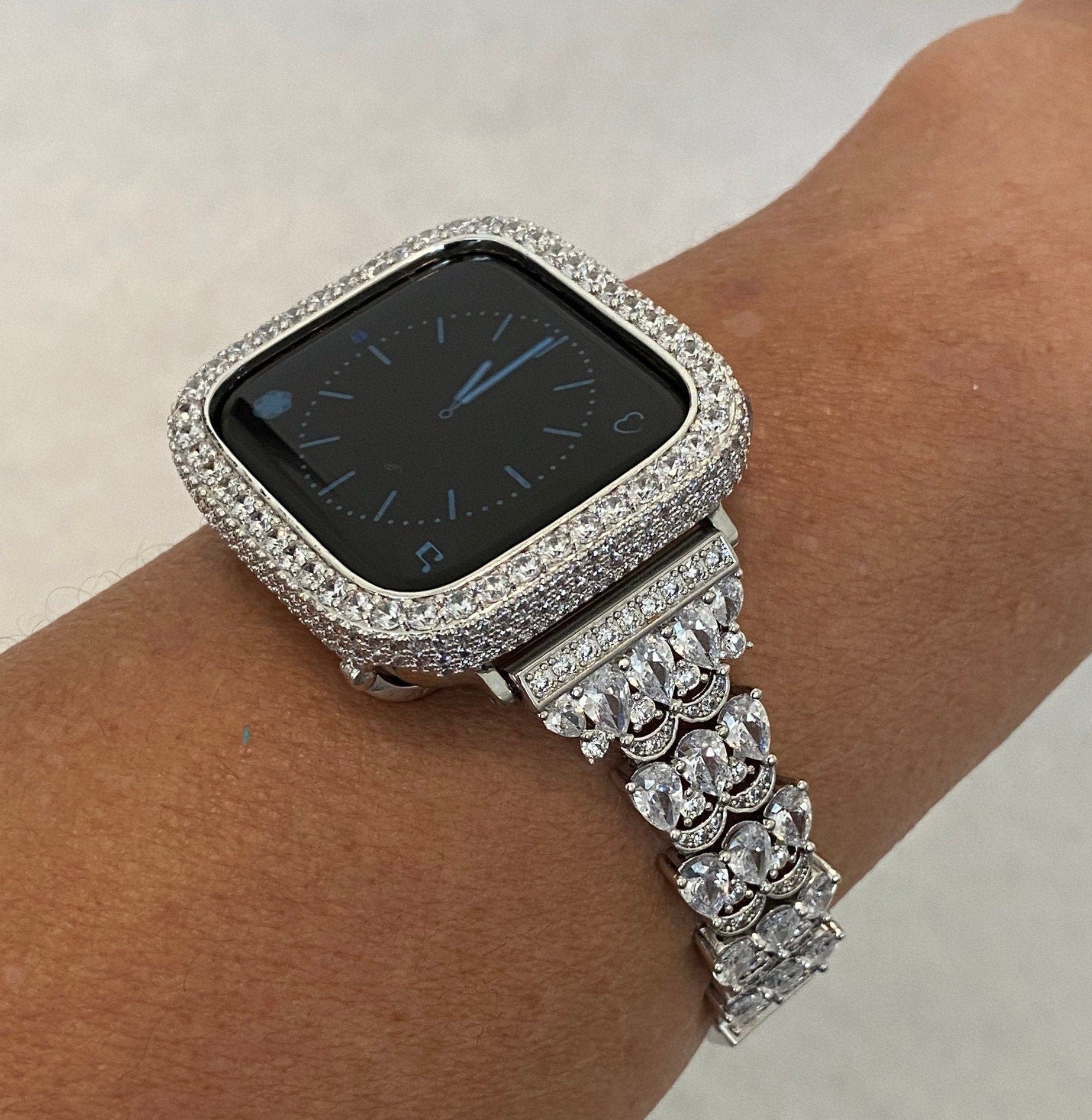 Apple Watch Band Silver Swarovski Crystals 38mm-49mm Ultra & or Apple Watch Cover Lab Diamond Bezel Smartwatch Bumper Bling Iphone Watch